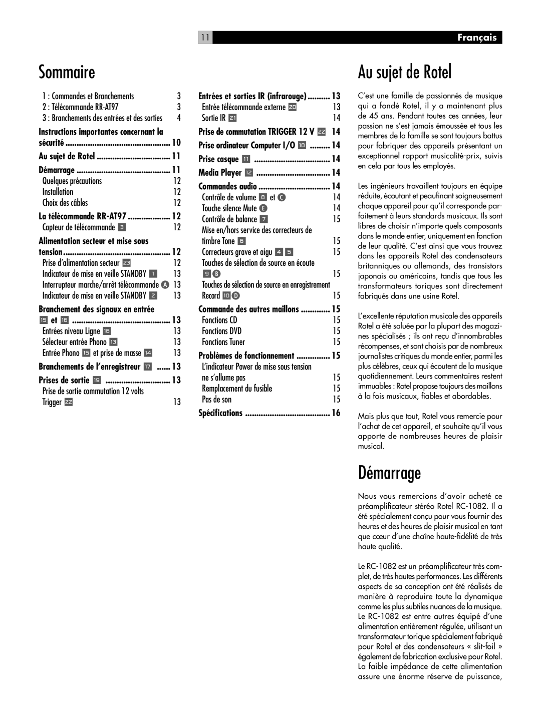 Rotel RC-1082 owner manual Sommaire, Au sujet de Rotel, Démarrage, 11Français 