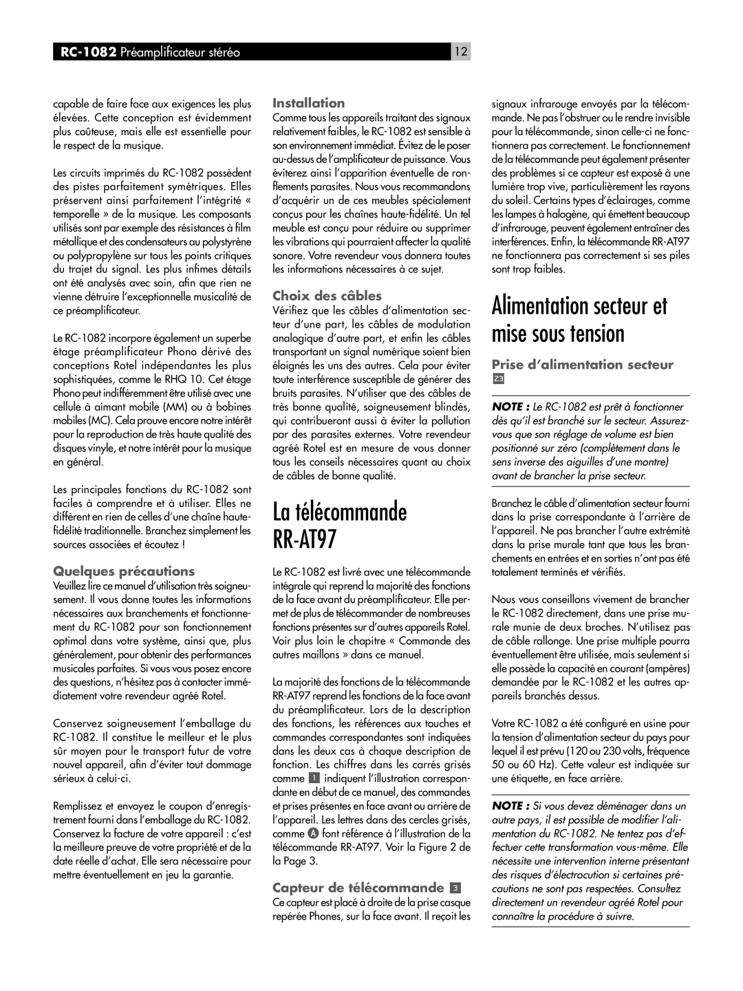 Rotel RC-1082 owner manual La télécommande 