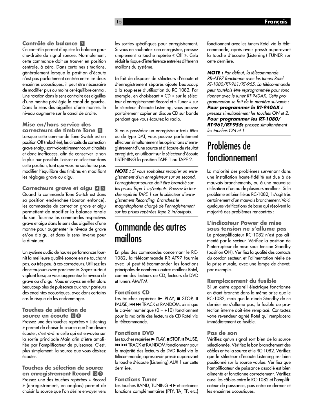 Rotel RC-1082 owner manual Commande des autres maillons, Problèmes de fonctionnement 