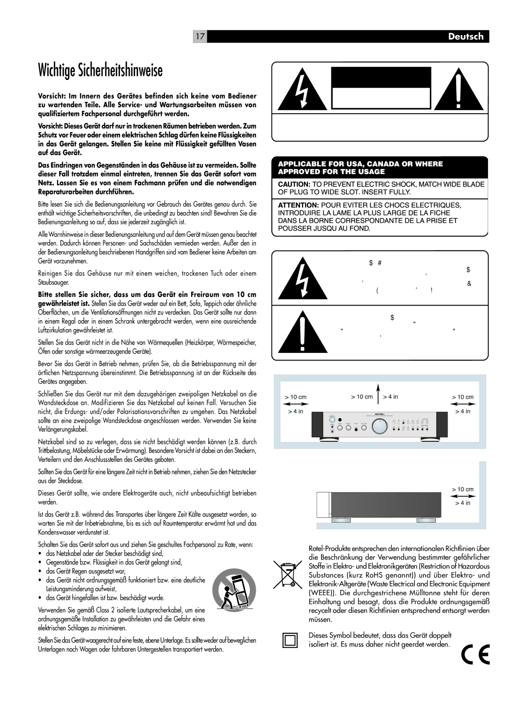 Rotel RC-1082 owner manual Wichtige Sicherheitshinweise, Deutsch 