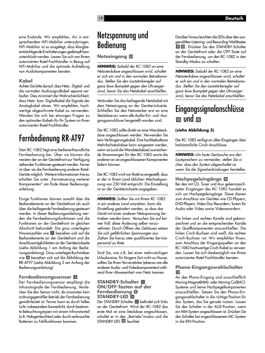 Rotel RC-1082 owner manual Netzspannung und Bedienung 