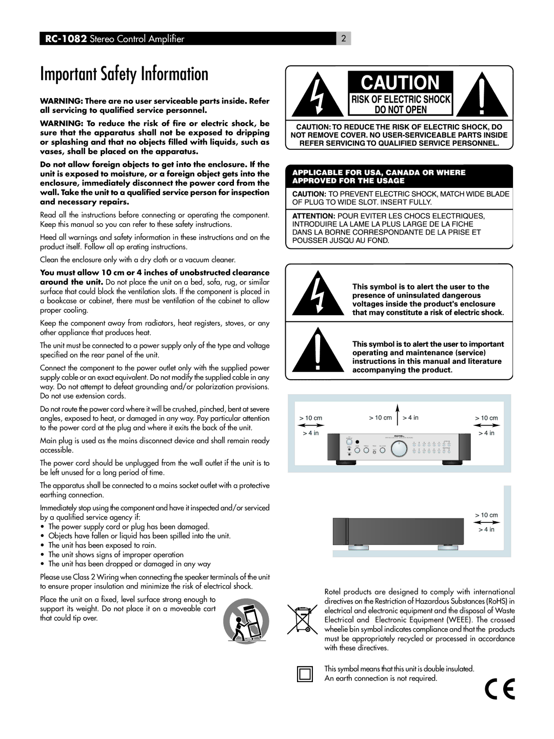 Rotel RC-1082 owner manual Important Safety Information 