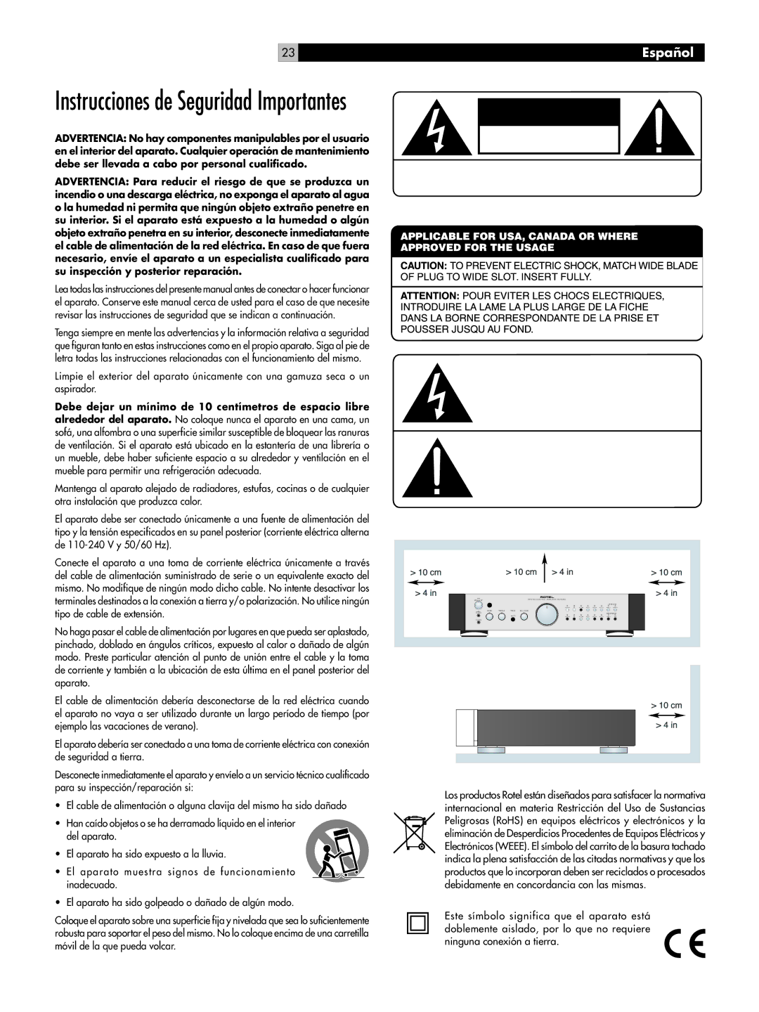 Rotel RC-1082 owner manual Instrucciones de Seguridad Importantes, Español 