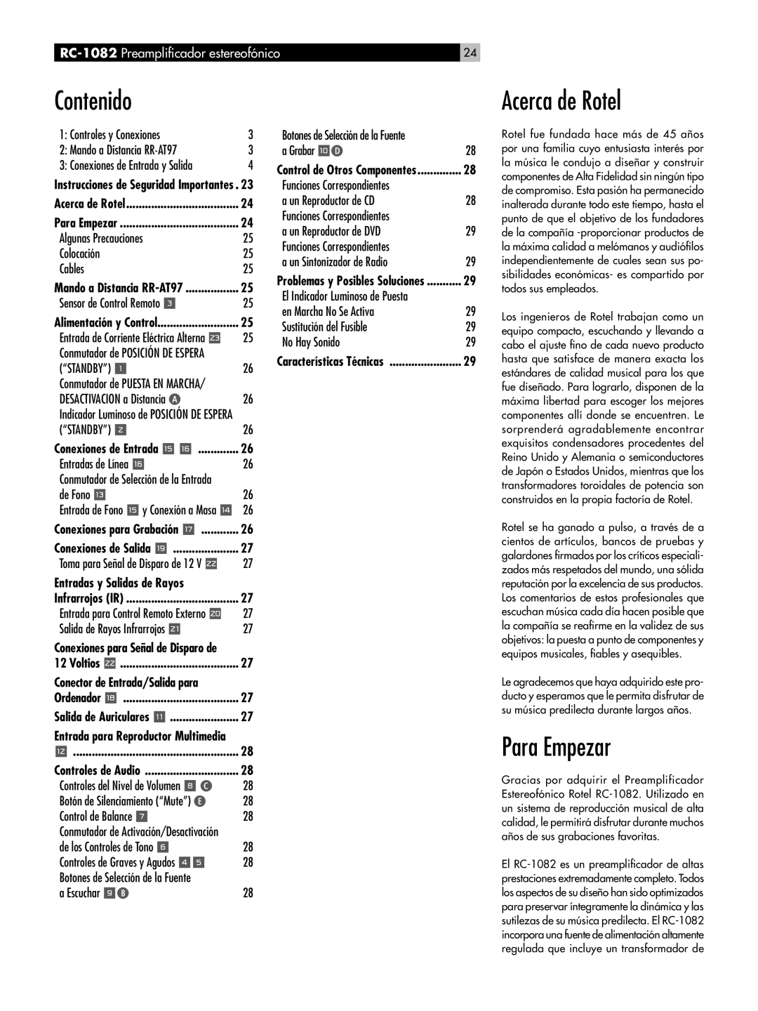 Rotel owner manual Contenido, Acerca de Rotel, Para Empezar, RC-1082Preampliﬁcador estereofónico 