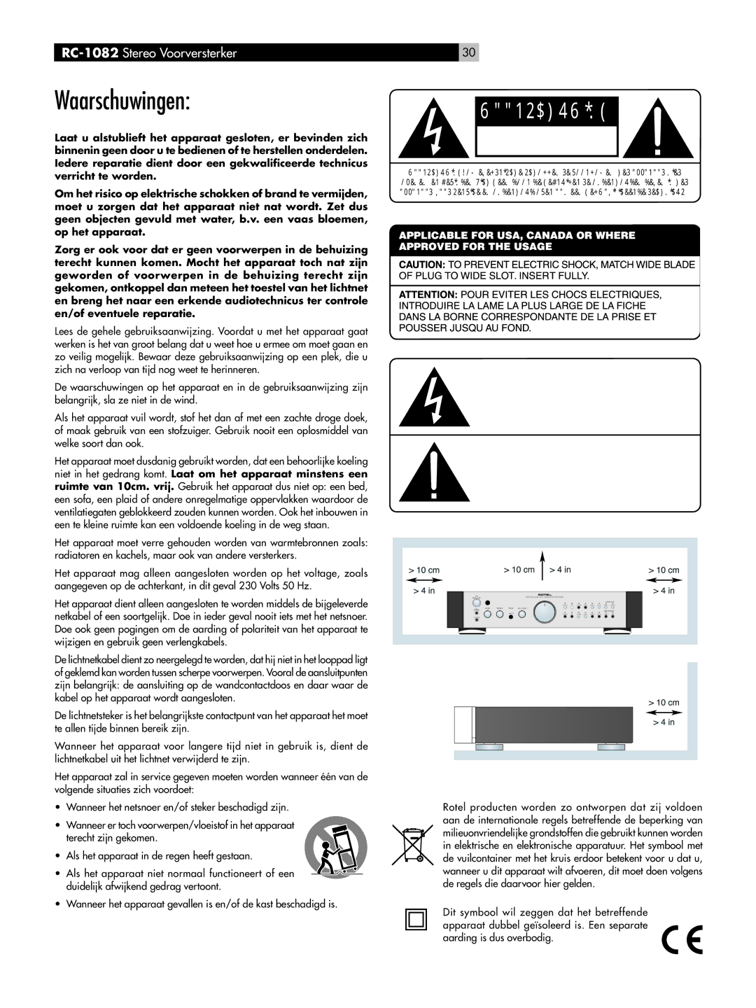 Rotel RC-1082 owner manual Waarschuwingen 