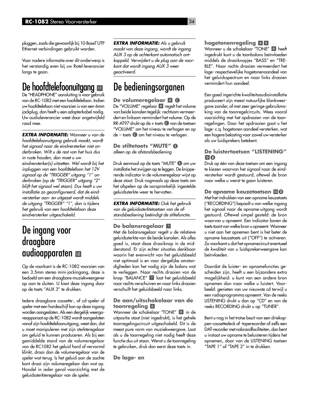 Rotel RC-1082 owner manual De bedieningsorganen, De hoofdtelefoonuitgang, De ingang voor draagbare audioapparaten = 