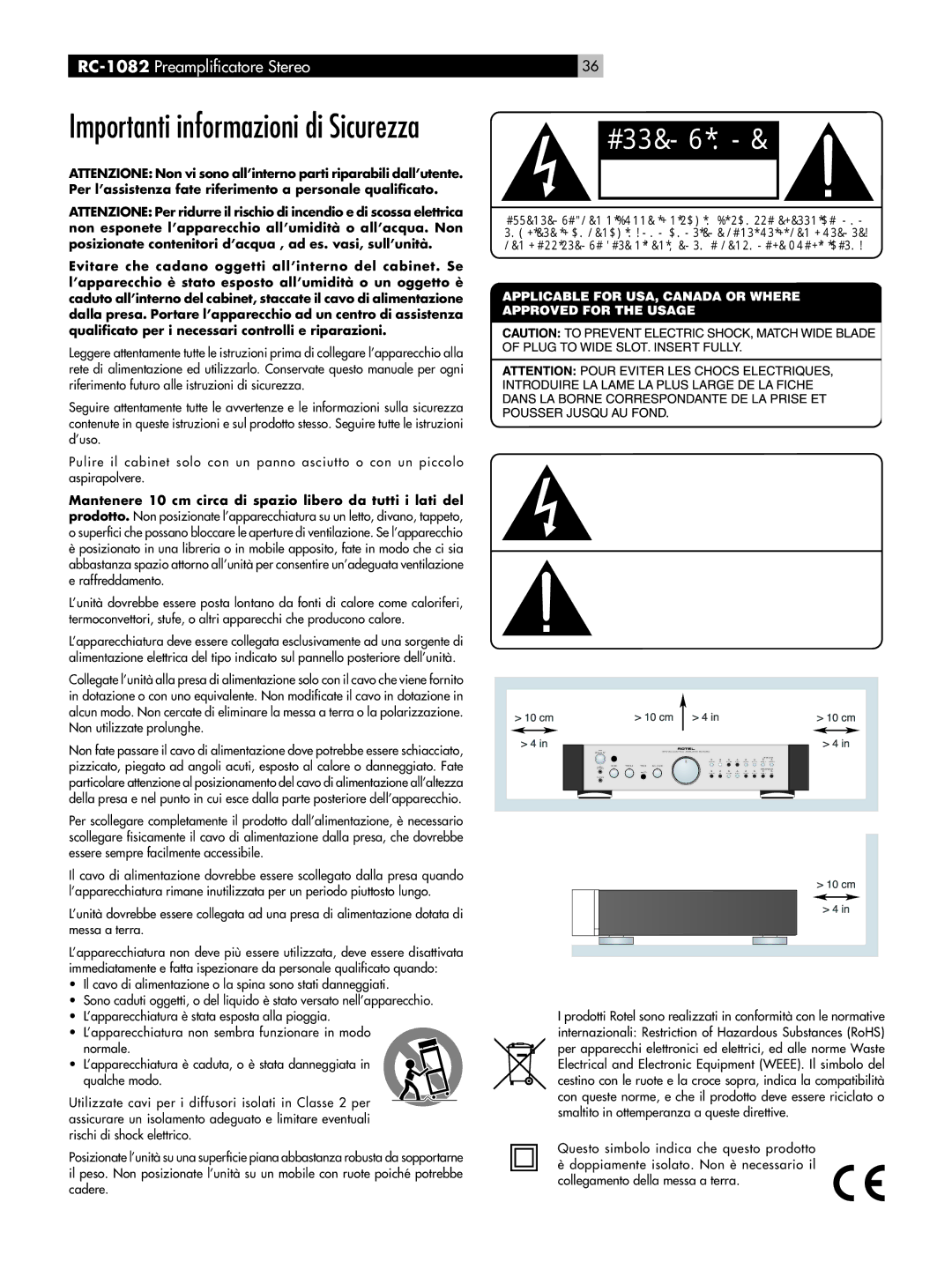 Rotel RC-1082 owner manual Attenzione, Importanti informazioni di Sicurezza 