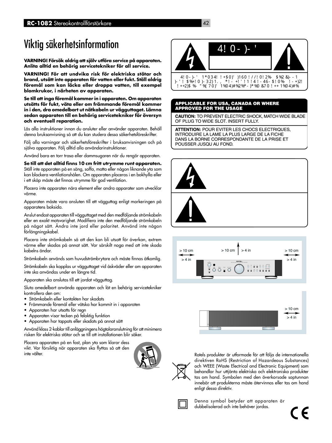 Rotel RC-1082 owner manual Viktig säkerhetsinformation, Varning 