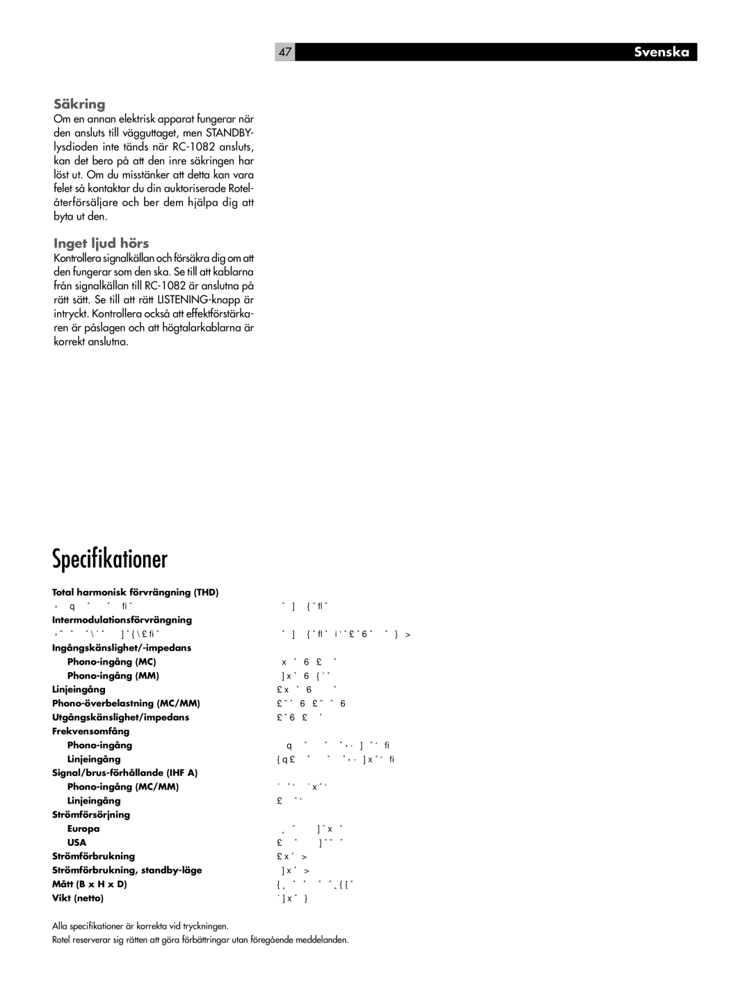 Rotel RC-1082 owner manual Speciﬁkationer, Säkring, Inget ljud hörs 