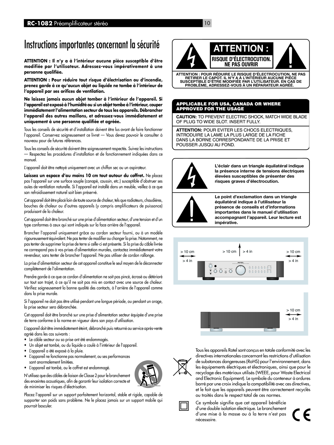Rotel RC-1082 owner manual Instructions importantes concernant la sécurité, Risque D’Électrocution Ne Pas Ouvrir 