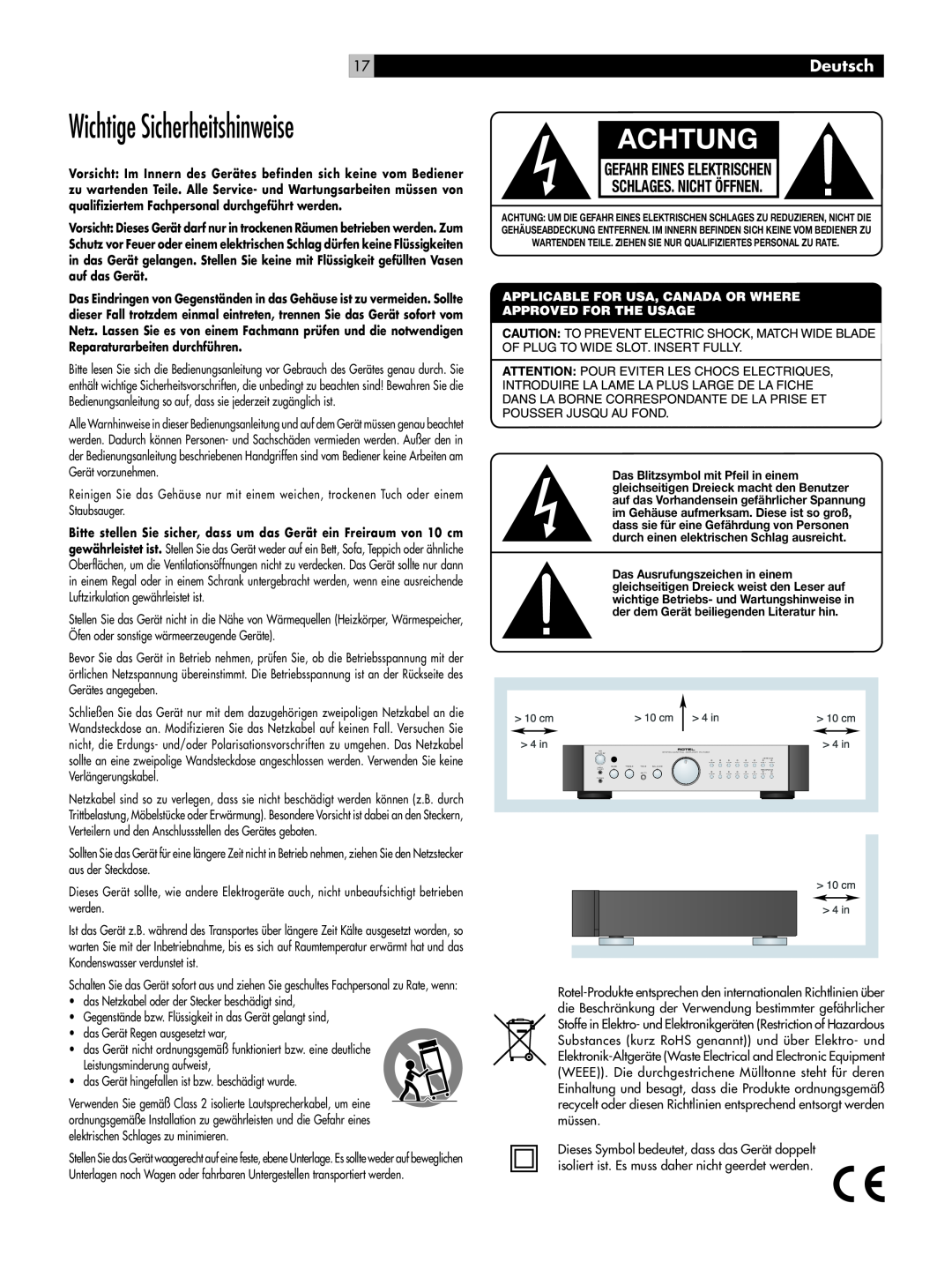 Rotel RC-1082 owner manual Wichtige Sicherheitshinweise, Achtung, Gefahr Eines Elektrischen Schlages. Nicht Öffnen, Deutsch 