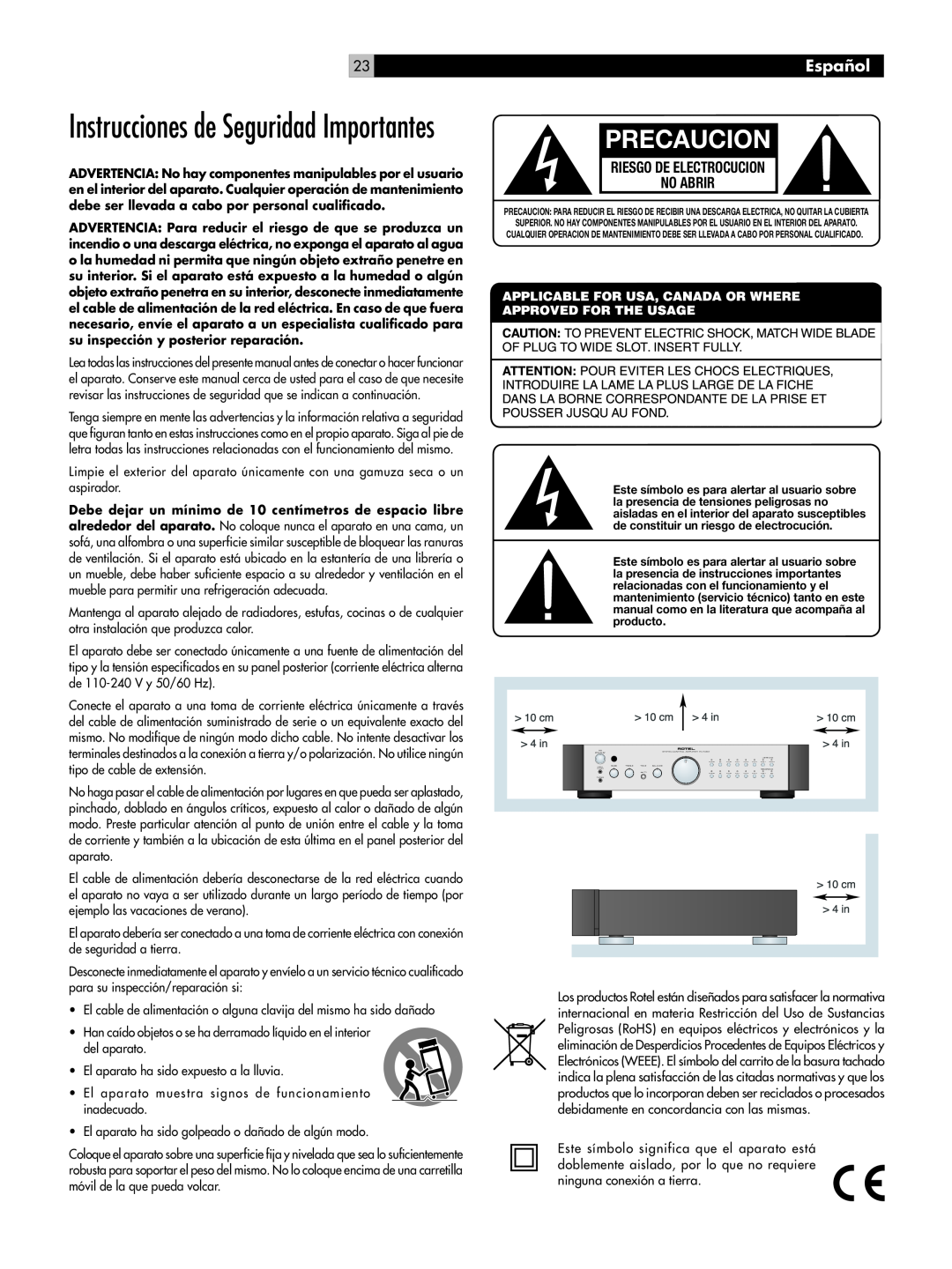Rotel RC-1082 owner manual Precaucion, Instrucciones de Seguridad Importantes, Español 