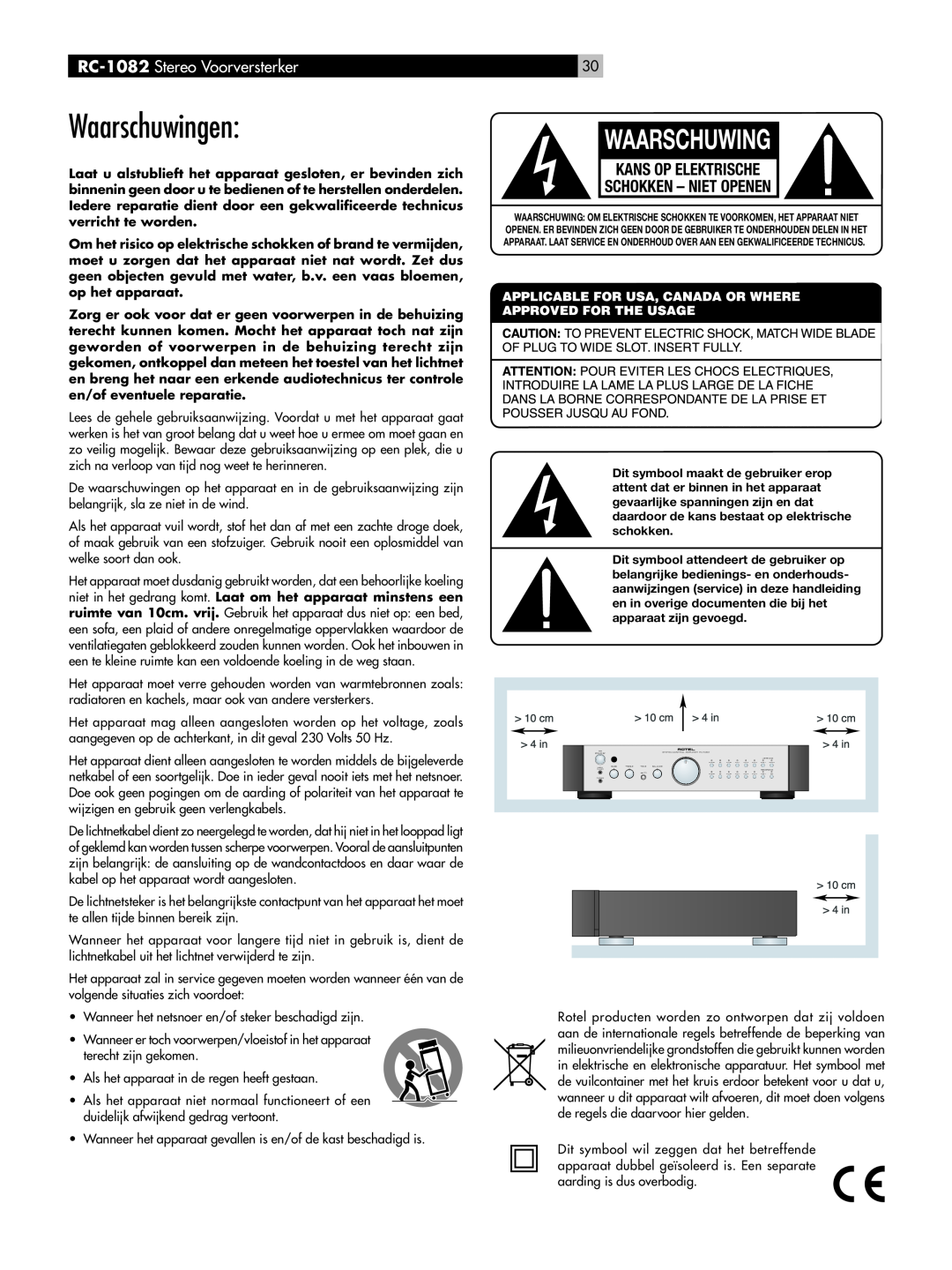 Rotel owner manual Waarschuwingen, Kans Op Elektrische Schokken – Niet Openen, RC-1082 Stereo Voorversterker 