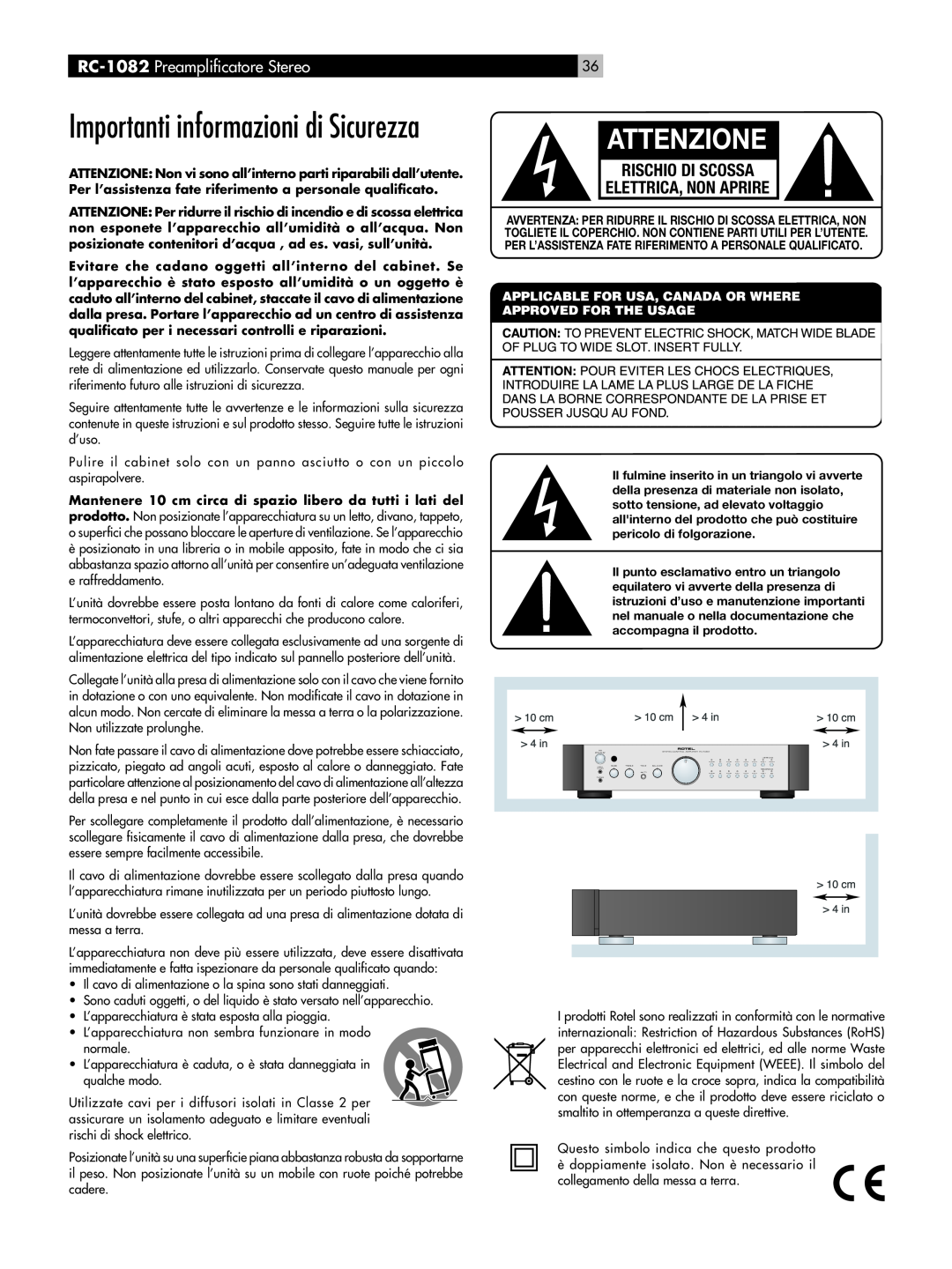 Rotel RC-1082 owner manual Attenzione, Importanti informazioni di Sicurezza, Rischio Di Scossa Elettrica, Non Aprire 