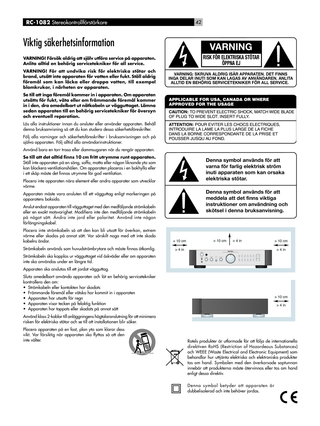 Rotel Viktig säkerhetsinformation, Varning, RC-1082 Stereokontrollförstärkare, Risk För Elektriska Stötar Öppna Ej 