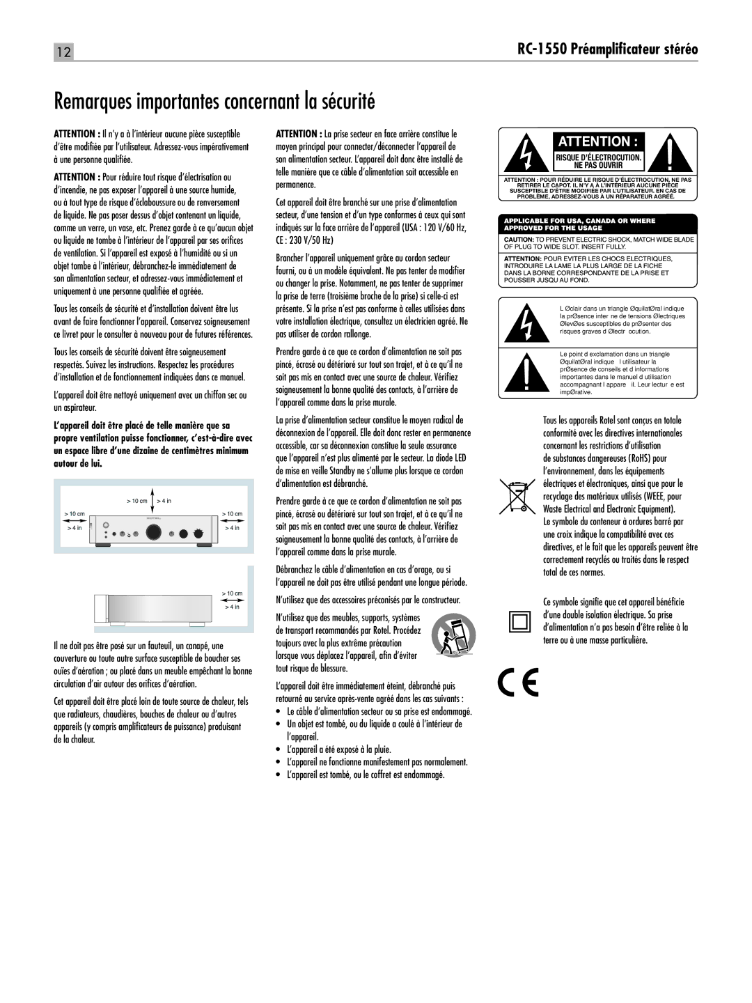 Rotel RC-1550 owner manual Remarques importantes concernant la sécurité, ’utilisez que des meubles, supports, systèmes 