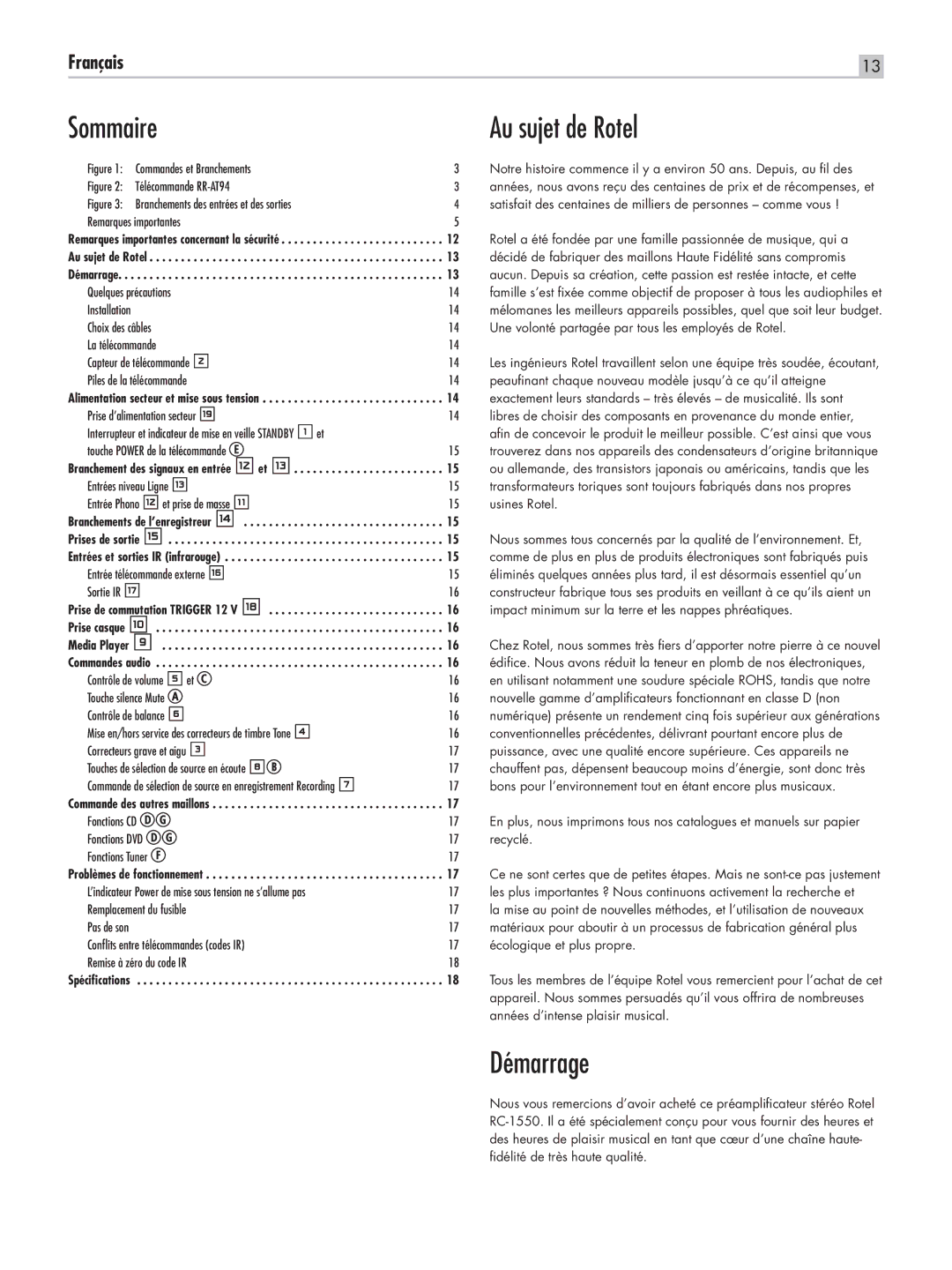 Rotel RC-1550 Au sujet de Rotel, Démarrage, Commande des autres maillons, Problèmes de fonctionnement, Spécifications 