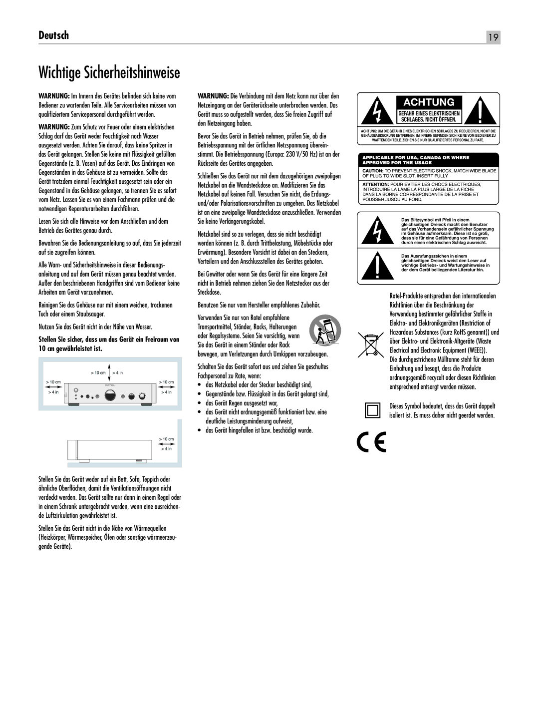 Rotel RC-1550 owner manual Verwenden Sie nur von Rotel empfohlene, Das Gerät Regen ausgesetzt war 