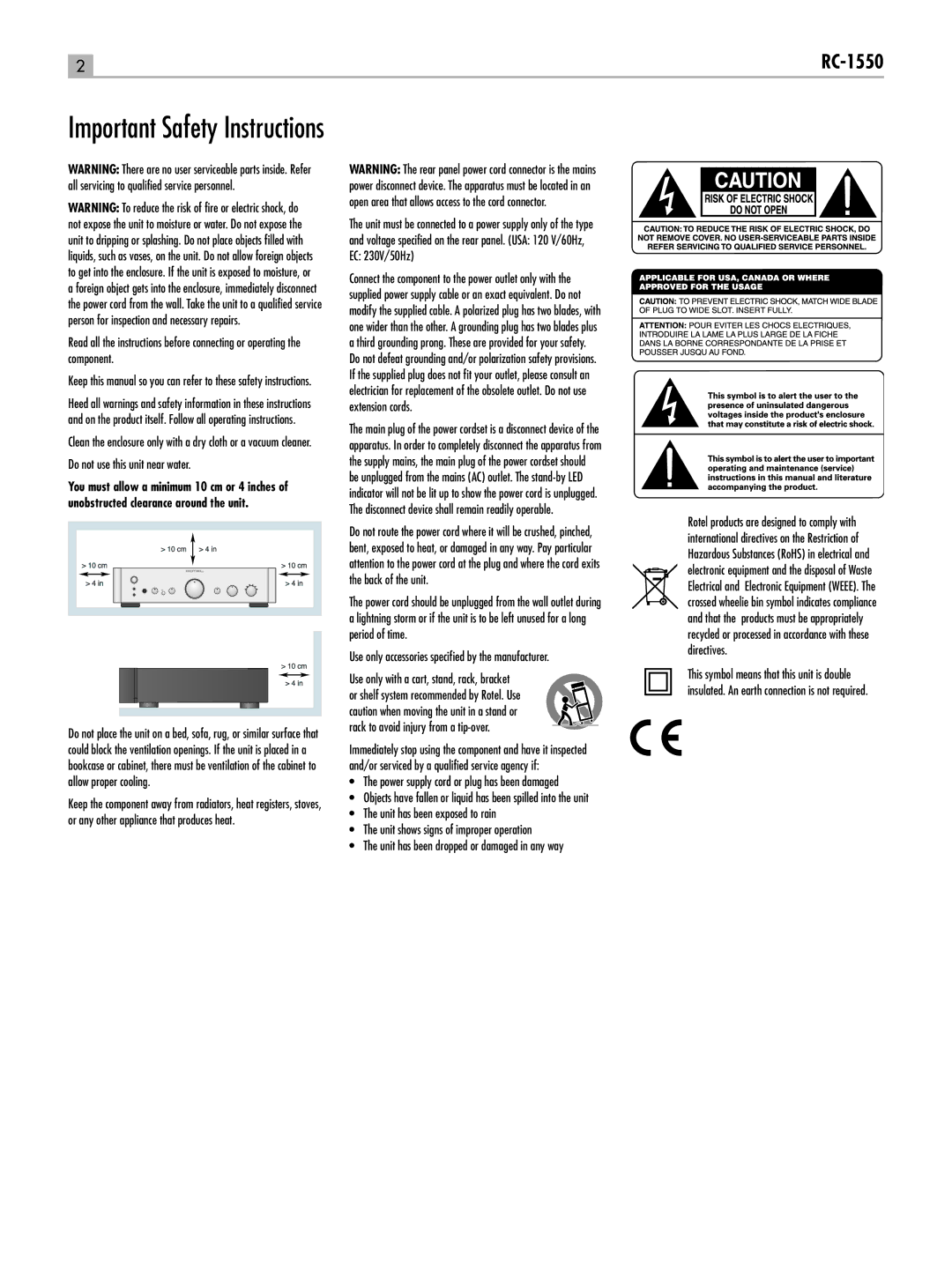 Rotel RC-1550 owner manual Important Safety Instructions, Power supply cord or plug has been damaged 