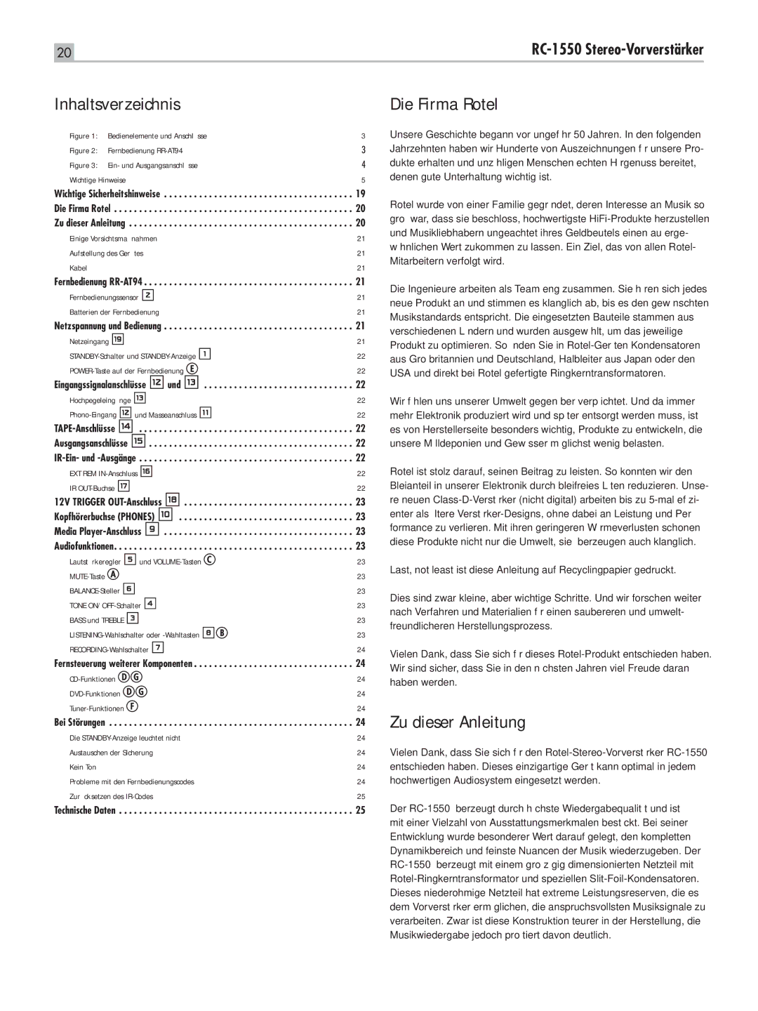 Rotel RC-1550 owner manual Inhaltsverzeichnis, Die Firma Rotel, Zu dieser Anleitung 