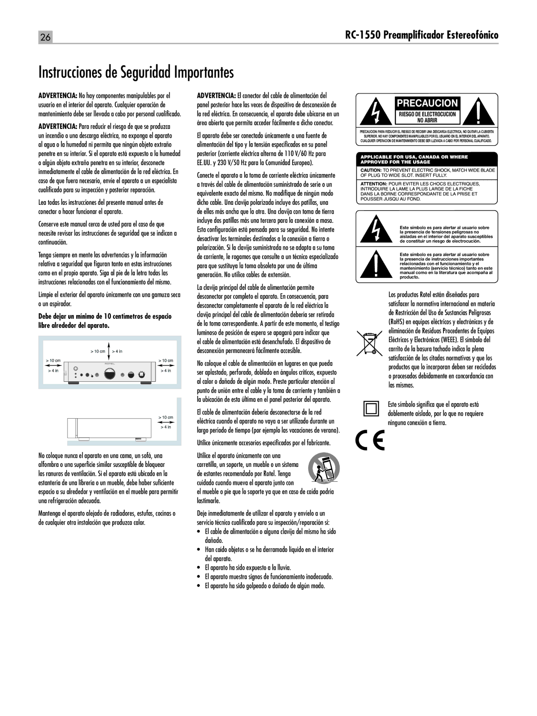 Rotel RC-1550 owner manual Instrucciones de Seguridad Importantes, Utilice el aparato únicamente con una 