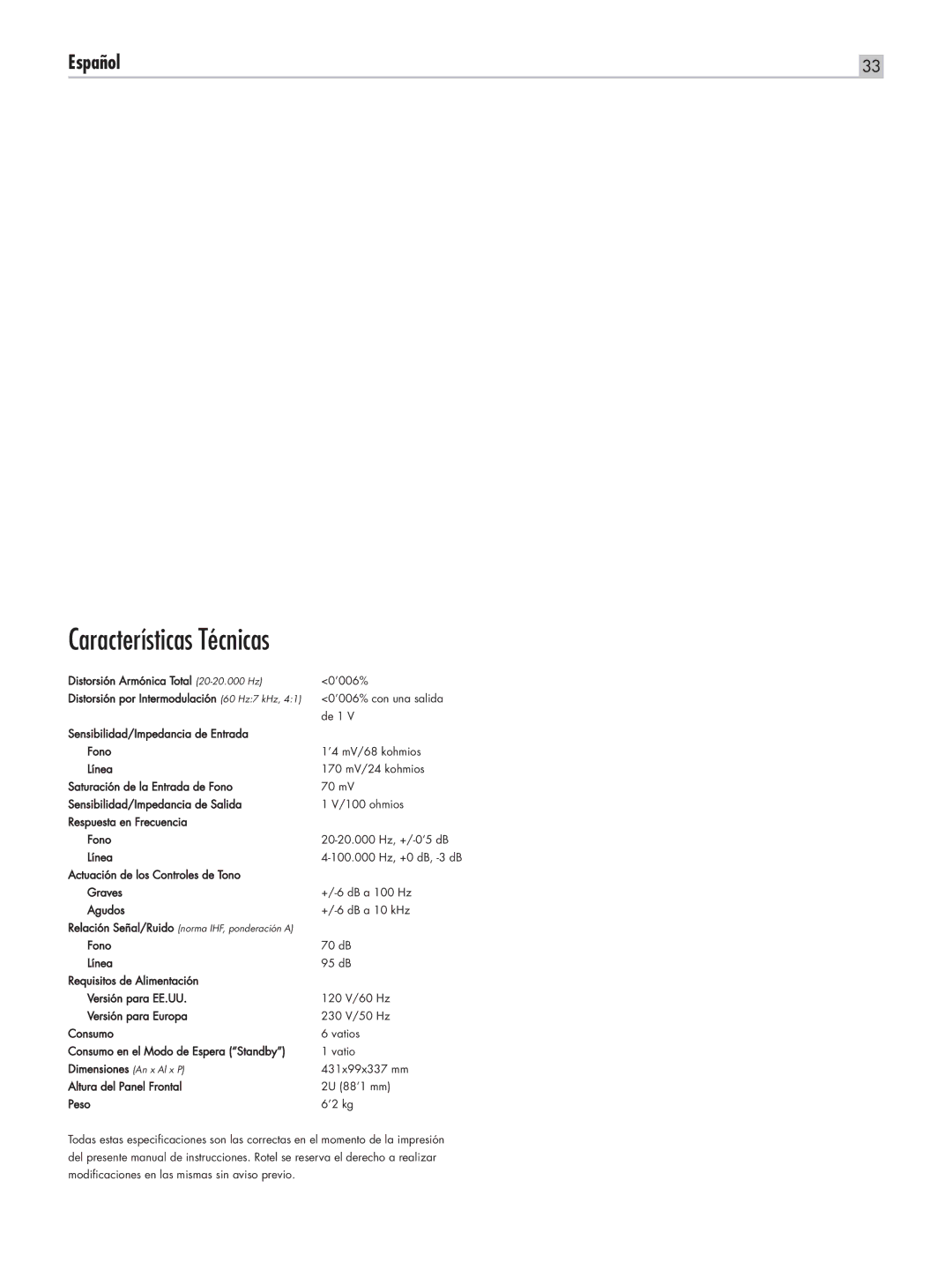 Rotel RC-1550 owner manual Características Técnicas 