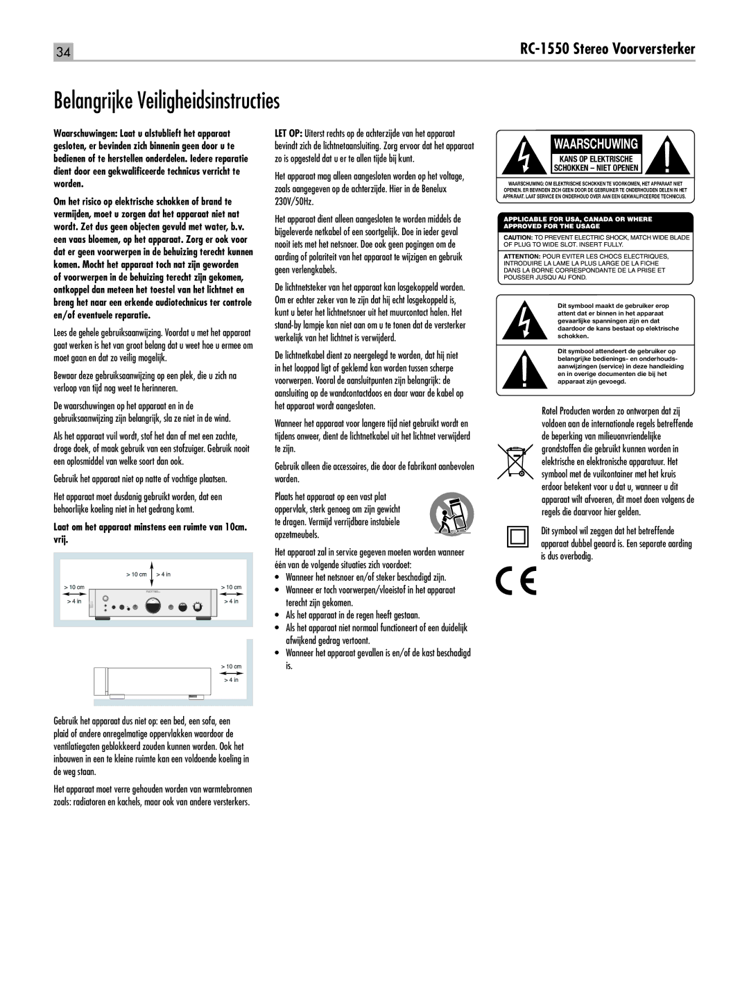 Rotel RC-1550 owner manual Belangrijke Veiligheidsinstructies, Laat om het apparaat minstens een ruimte van 10cm. vrij 