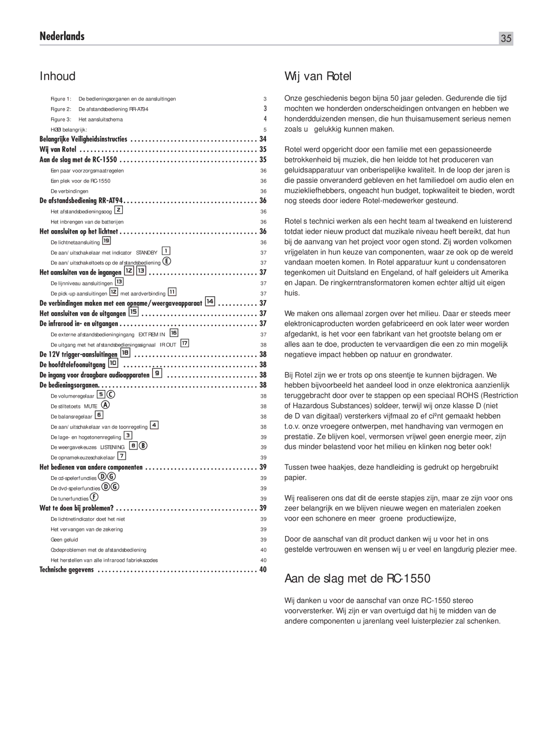 Rotel owner manual Inhoud Wij van Rotel, Aan de slag met de RC-1550 