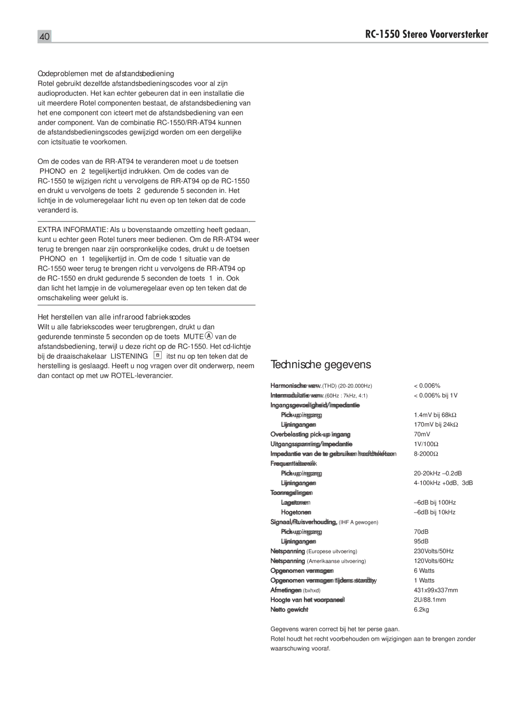 Rotel RC-1550 Technische gegevens, Codeproblemen met de afstandsbediening, Het herstellen van alle infrarood fabriekscodes 