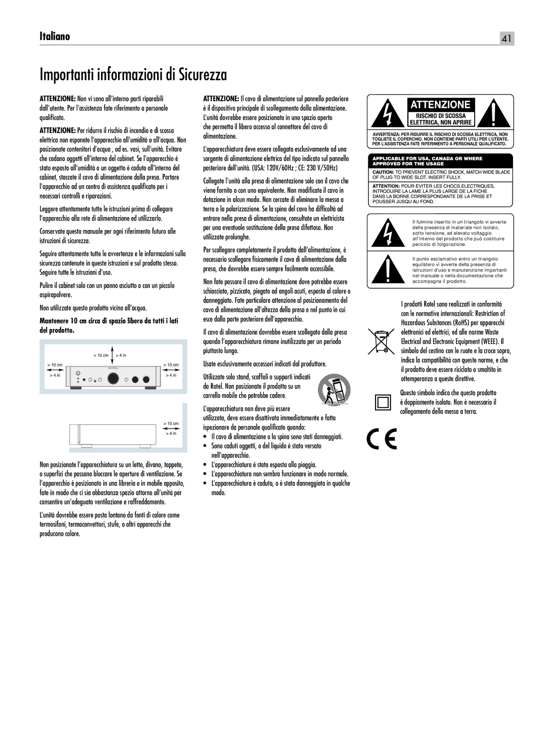 Rotel RC-1550 owner manual Importanti informazioni di Sicurezza, Utilizzate solo stand, scaffali o supporti indicati 