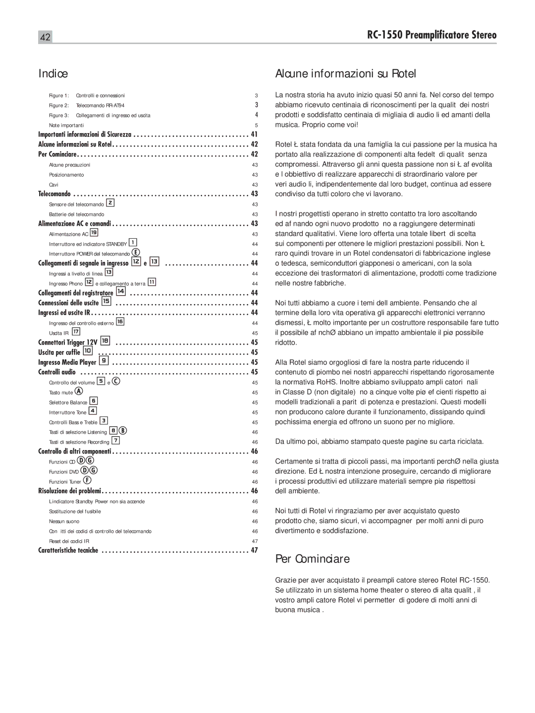 Rotel RC-1550 owner manual Indice, Alcune informazioni su Rotel, Per Cominciare 