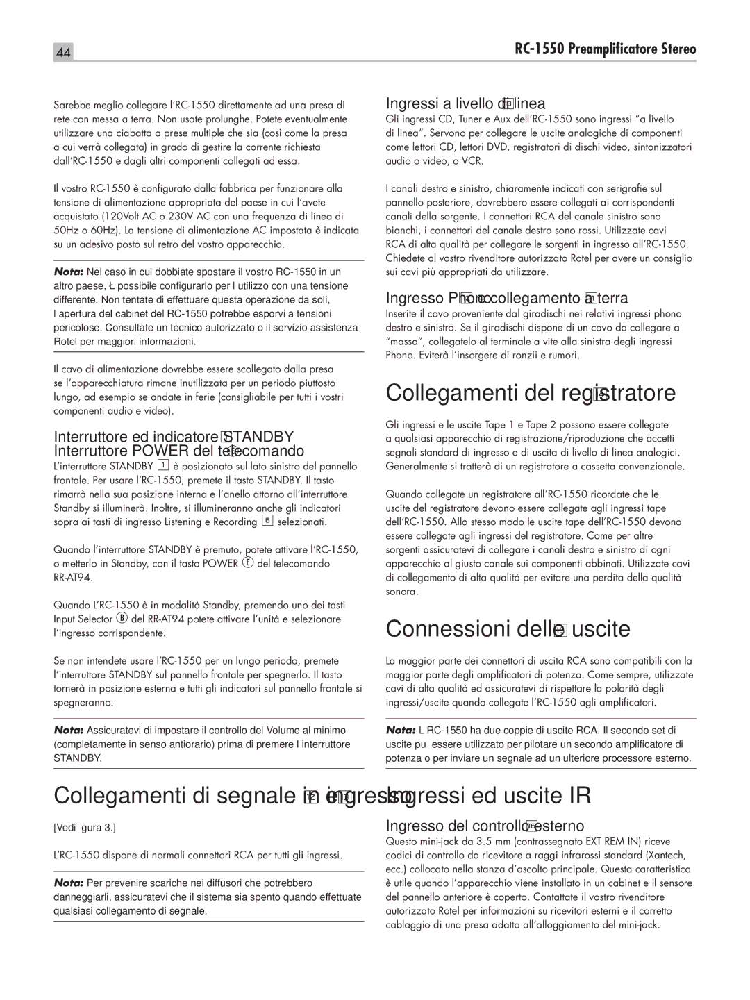 Rotel RC-1550 owner manual Collegamenti del registratore w, Connessioni delle uscite e, Ingressi ed uscite IR 