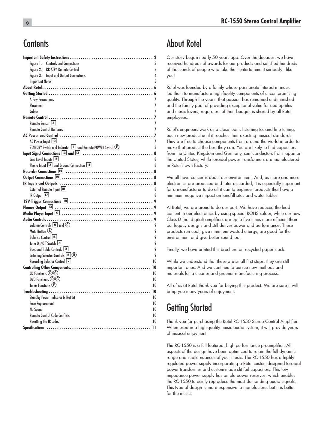 Rotel RC-1550 owner manual Contents About Rotel, Getting Started 