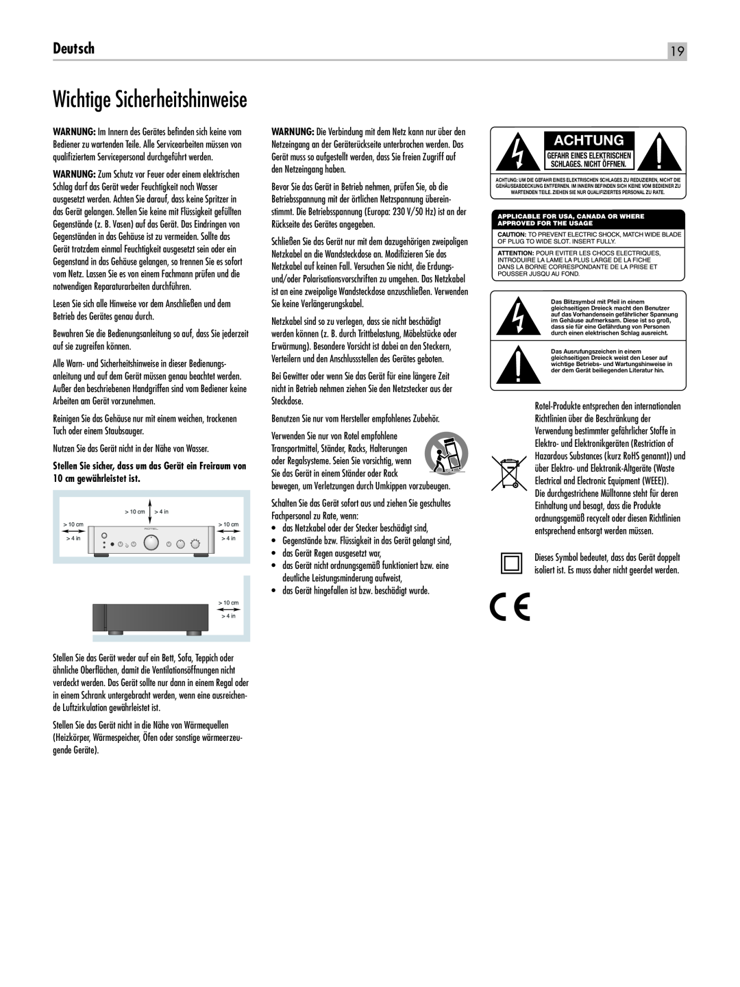 Rotel RC-1550 owner manual Wichtige Sicherheitshinweise, Deutsch, Achtung, Gefahr Eines Elektrischen Schlages. Nicht Öffnen 