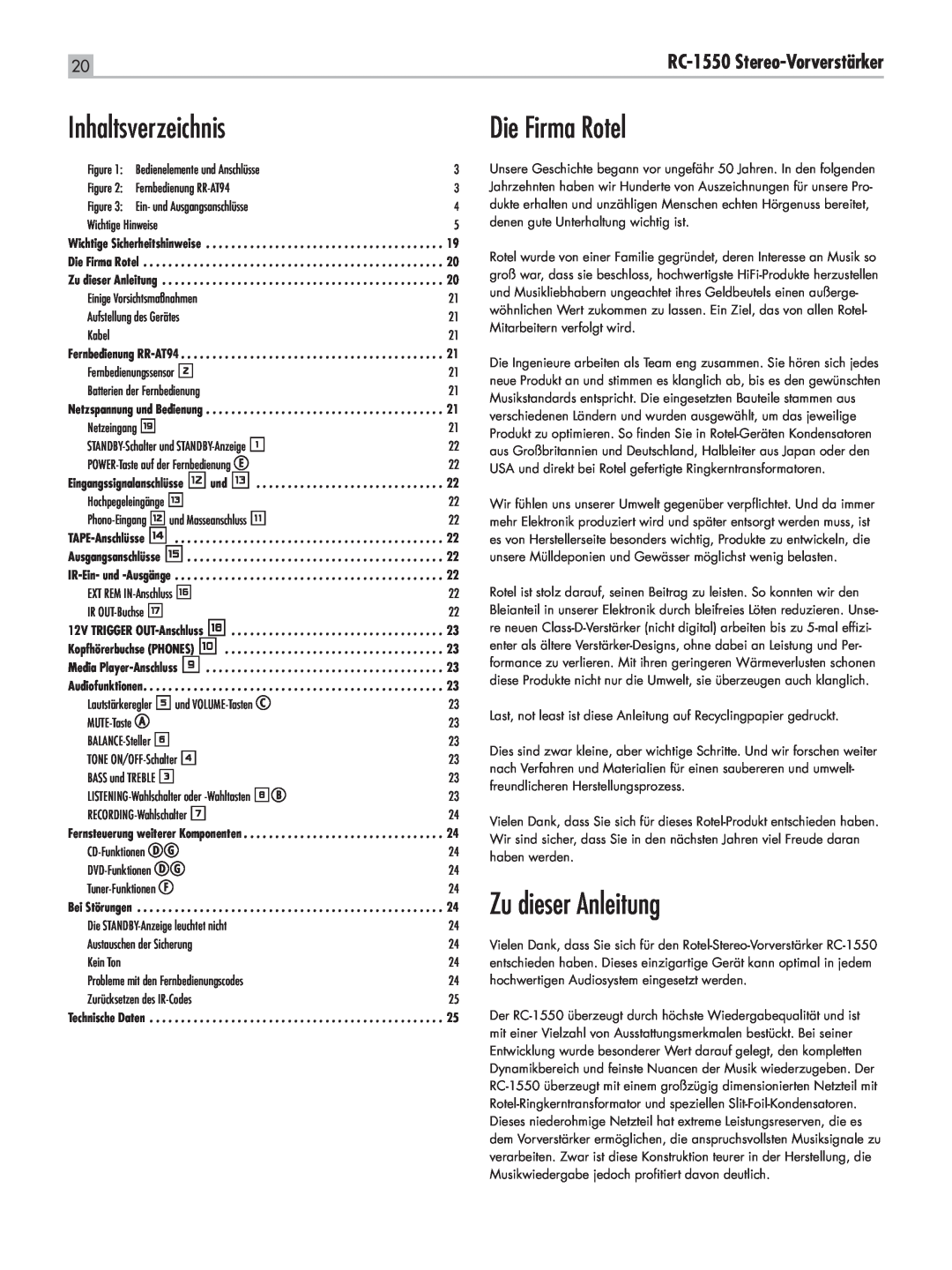 Rotel owner manual Inhaltsverzeichnis, Die Firma Rotel, Zu dieser Anleitung, RC-1550 Stereo-Vorverstärker 