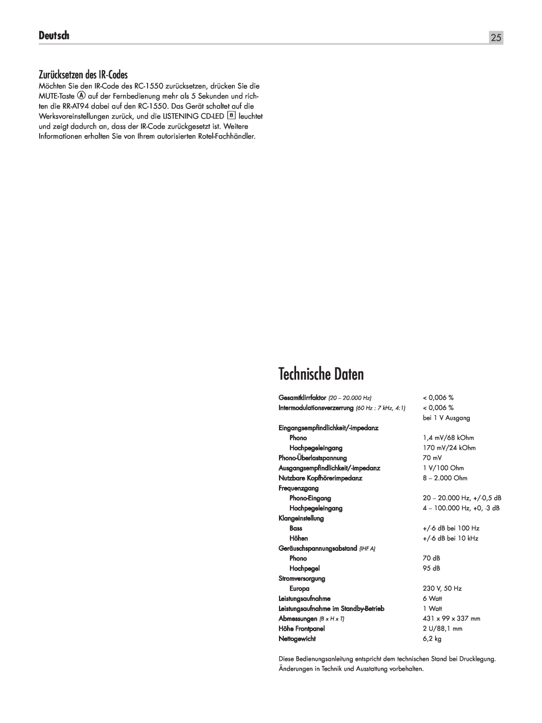 Rotel RC-1550 owner manual Technische Daten, Zurücksetzen des IR-Codes, Deutsch 
