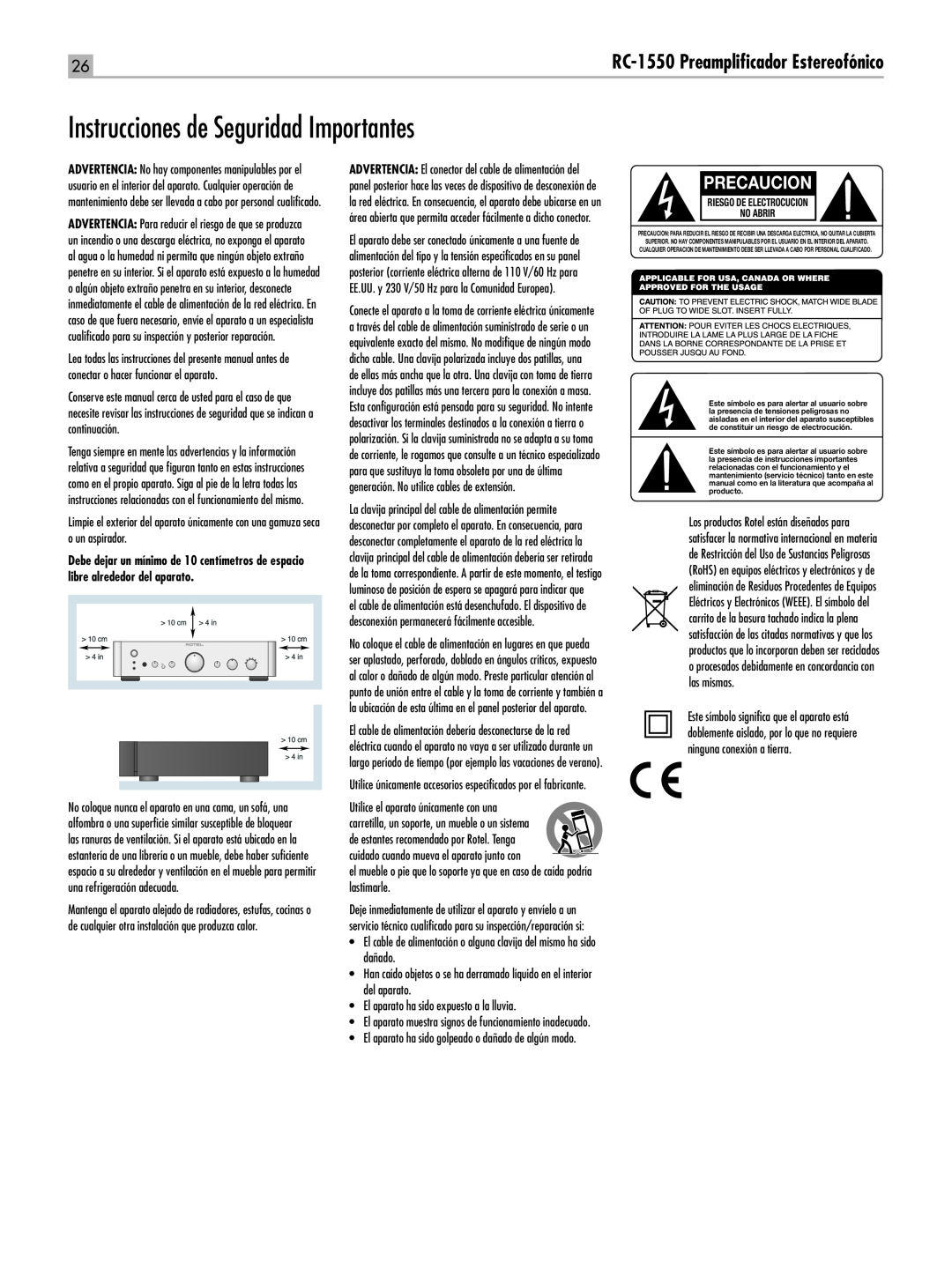 Rotel owner manual Instrucciones de Seguridad Importantes, Precaucion, RC-1550Preamplificador Estereofónico 