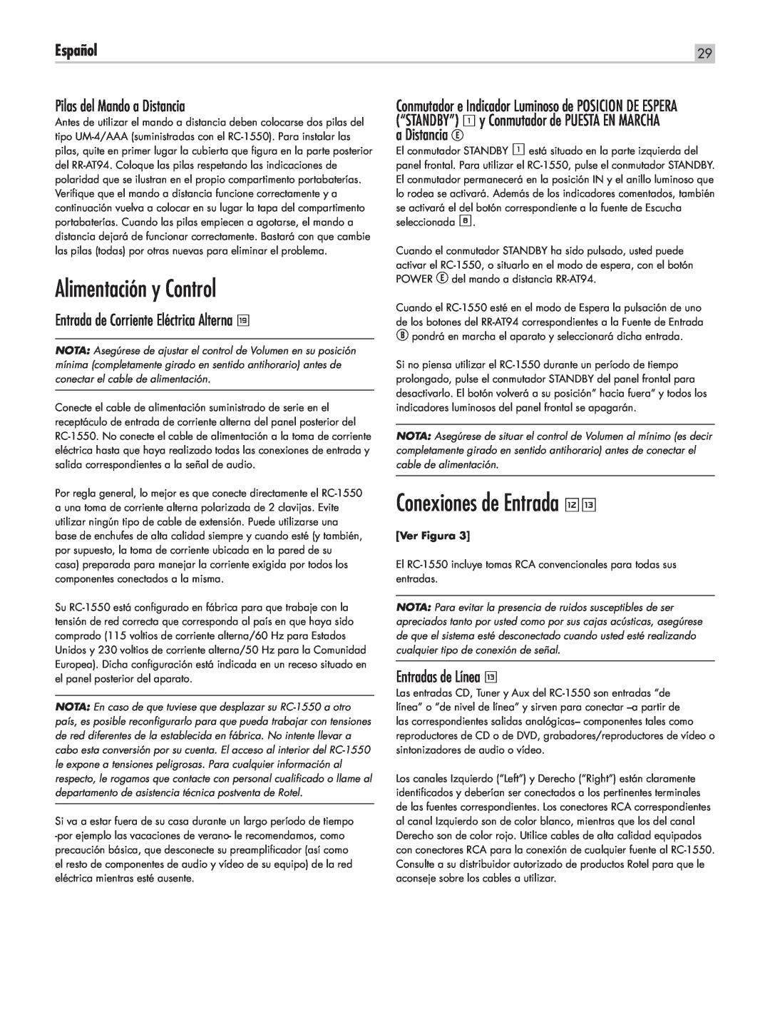 Rotel RC-1550 Alimentación y Control, Conexiones de Entrada =q, Pilas del Mando a Distancia, a Distancia E, Español 