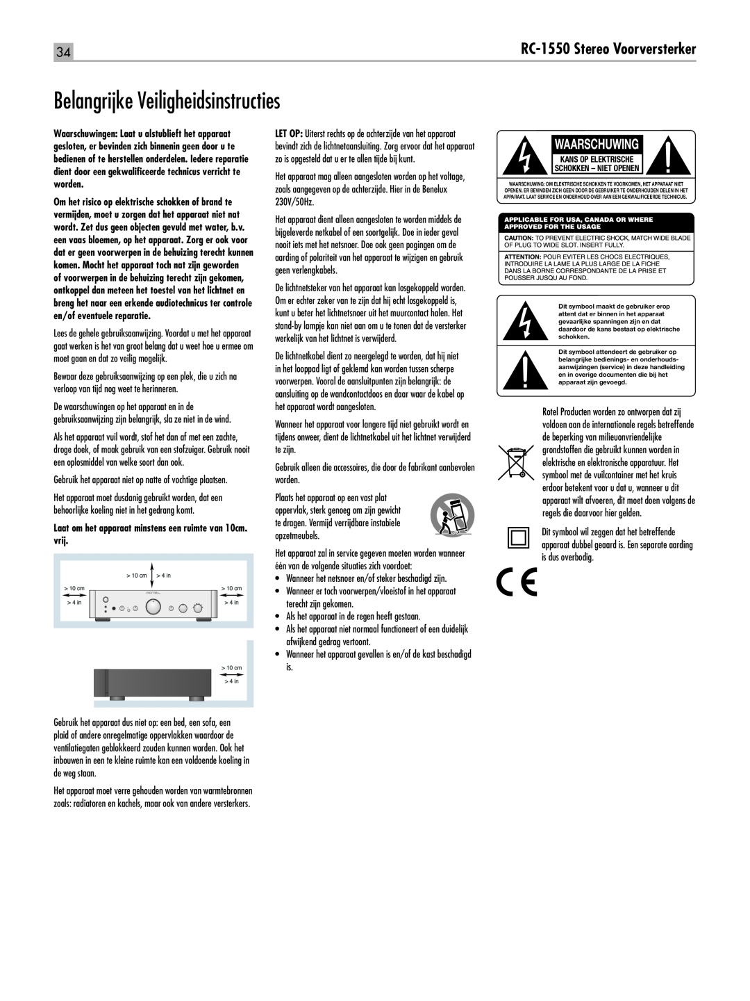 Rotel owner manual Belangrijke Veiligheidsinstructies, Waarschuwing, RC-1550Stereo Voorversterker 