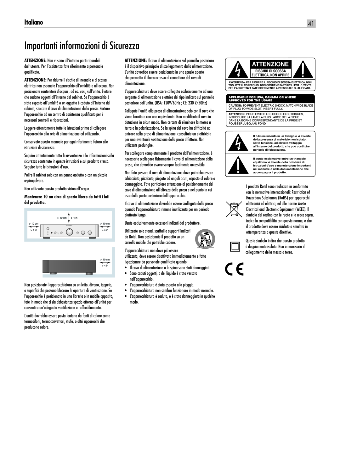 Rotel RC-1550 owner manual Importanti informazioni di Sicurezza, Italiano, Attenzione 