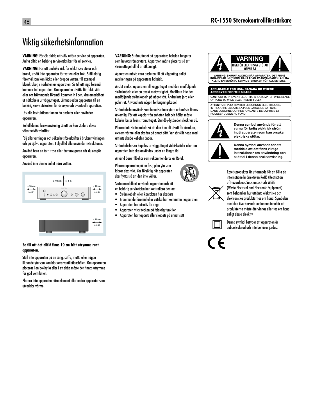 Rotel Viktig säkerhetsinformation, Varning, RC-1550Stereokontrollförstärkare, Risk För Elektriska Stötar Öppna Ej 