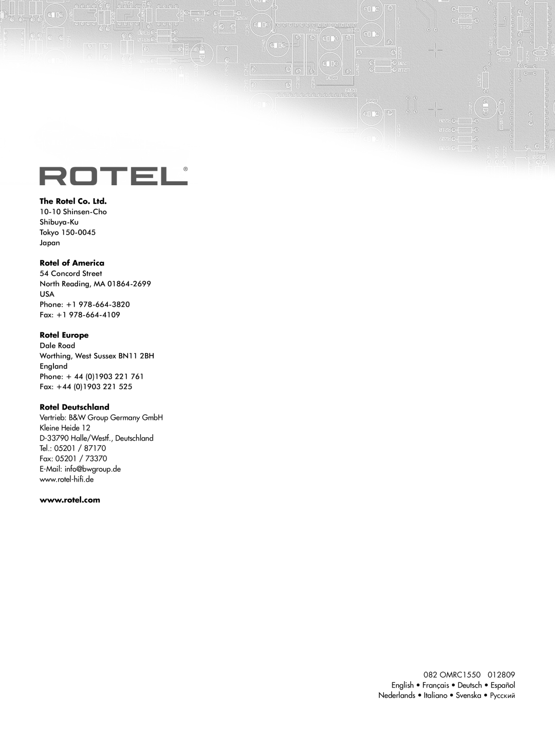 Rotel RC-1550 owner manual Rotel of America, Rotel Europe, Rotel Deutschland 