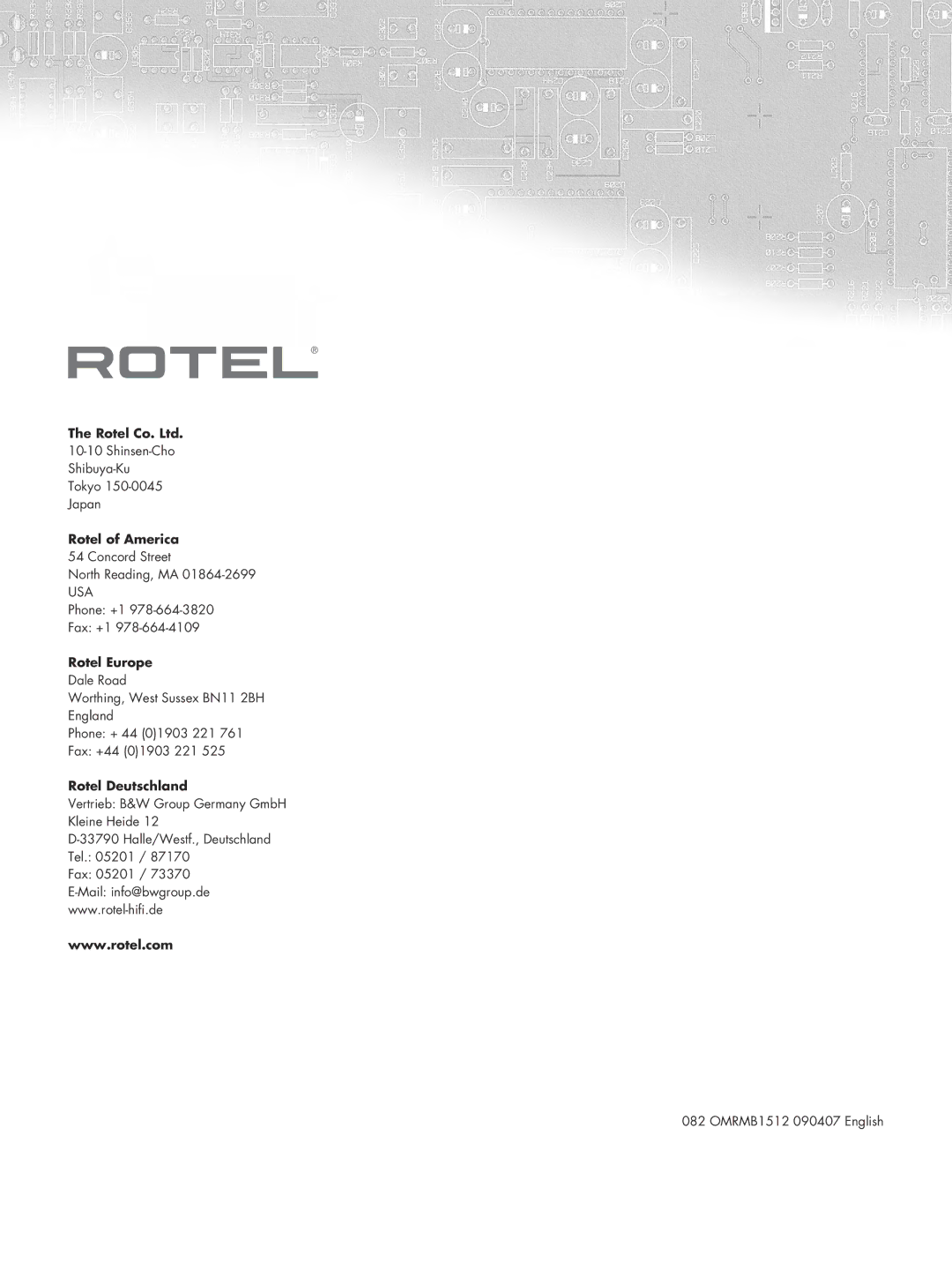 Rotel RC-1580 owner manual Rotel of America, Rotel Europe, Rotel Deutschland 