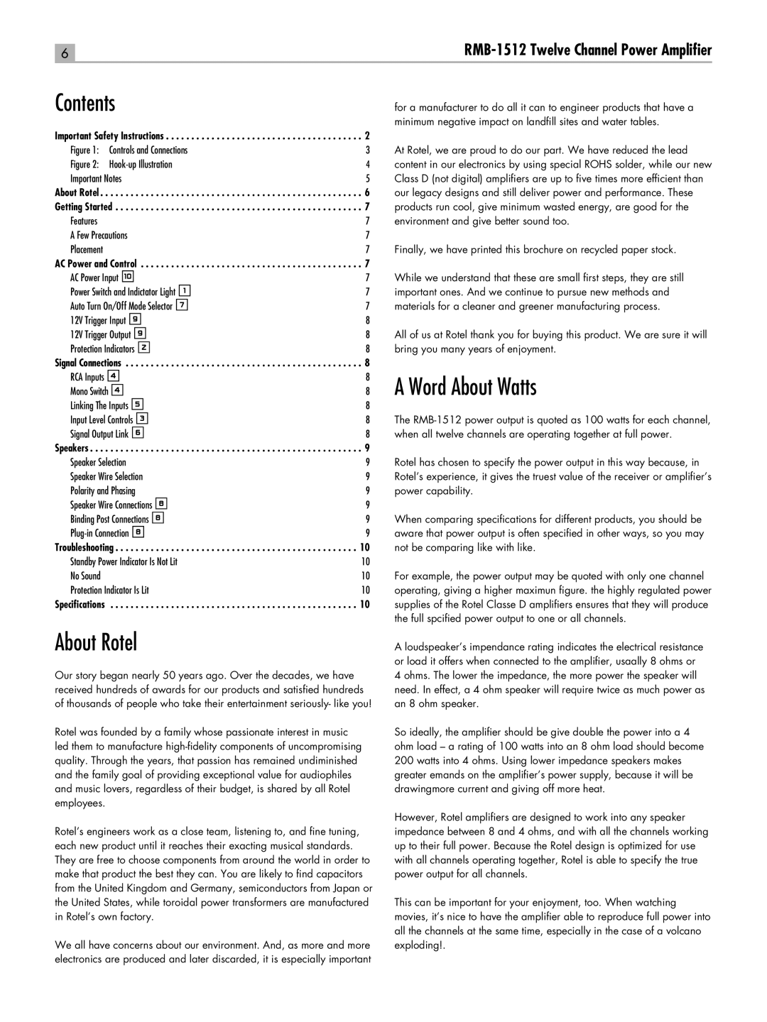 Rotel RC-1580 owner manual Contents, About Rotel, Word About Watts 