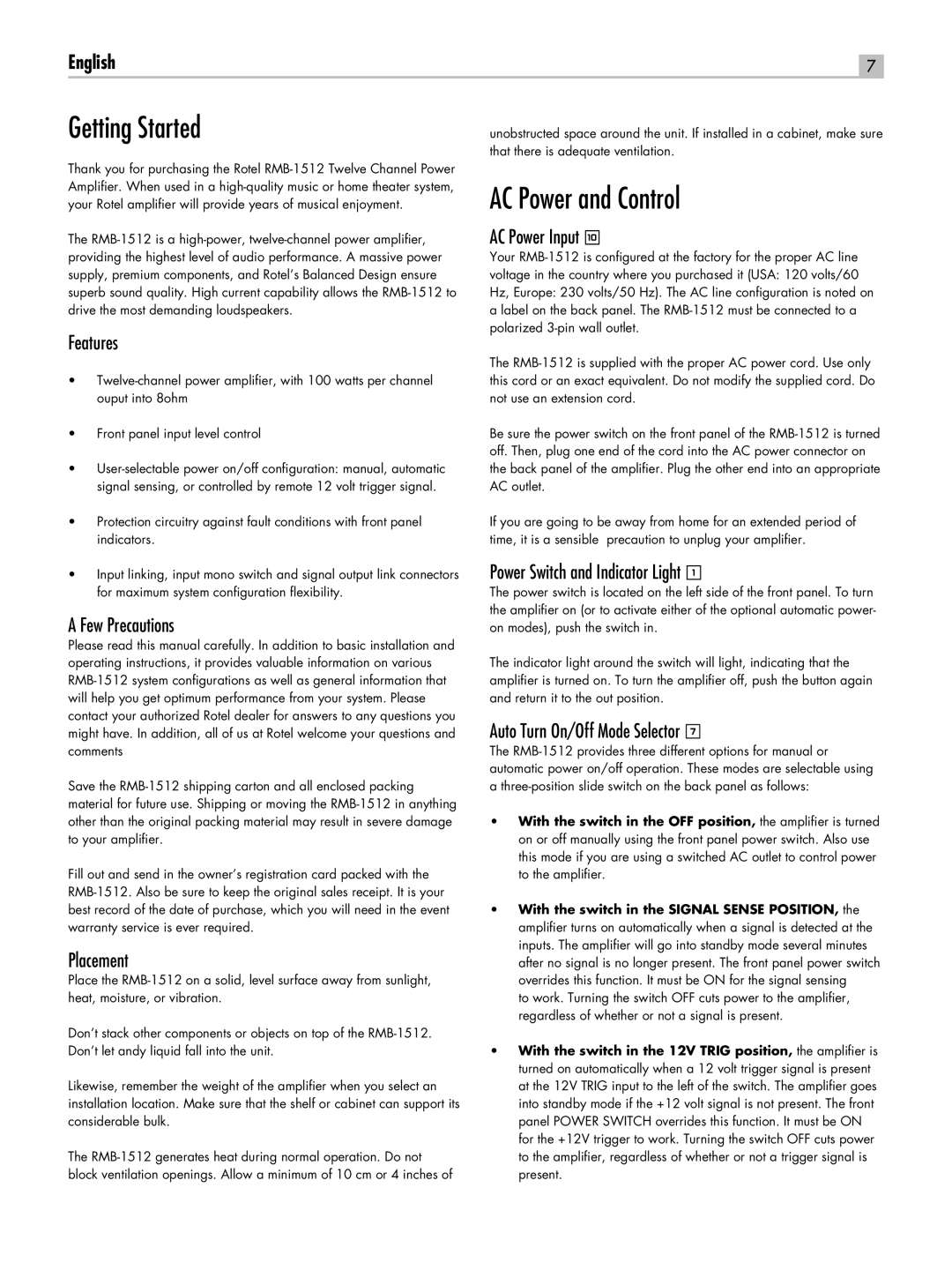 Rotel RC-1580 owner manual Getting Started, AC Power and Control 