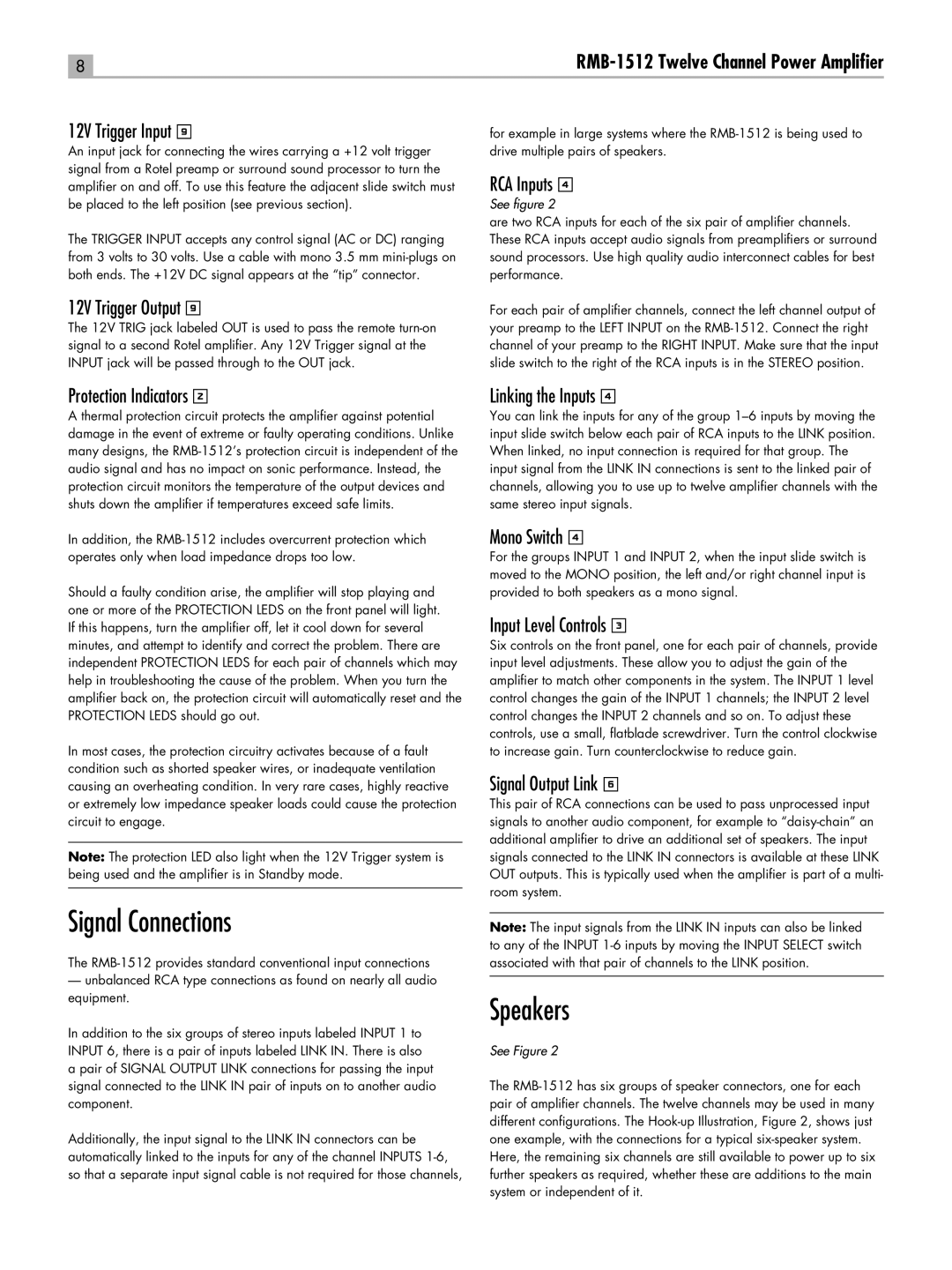 Rotel RC-1580 owner manual Signal Connections, Speakers 