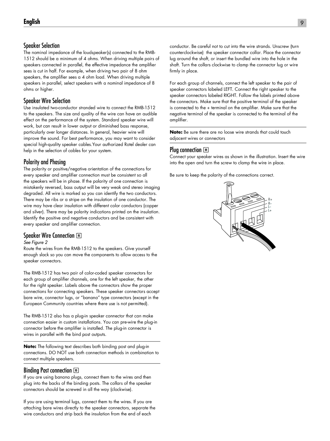 Rotel RC-1580 Speaker Selection, Speaker Wire Selection, Polarity and Phasing, Speaker Wire Connection, Plug connection 