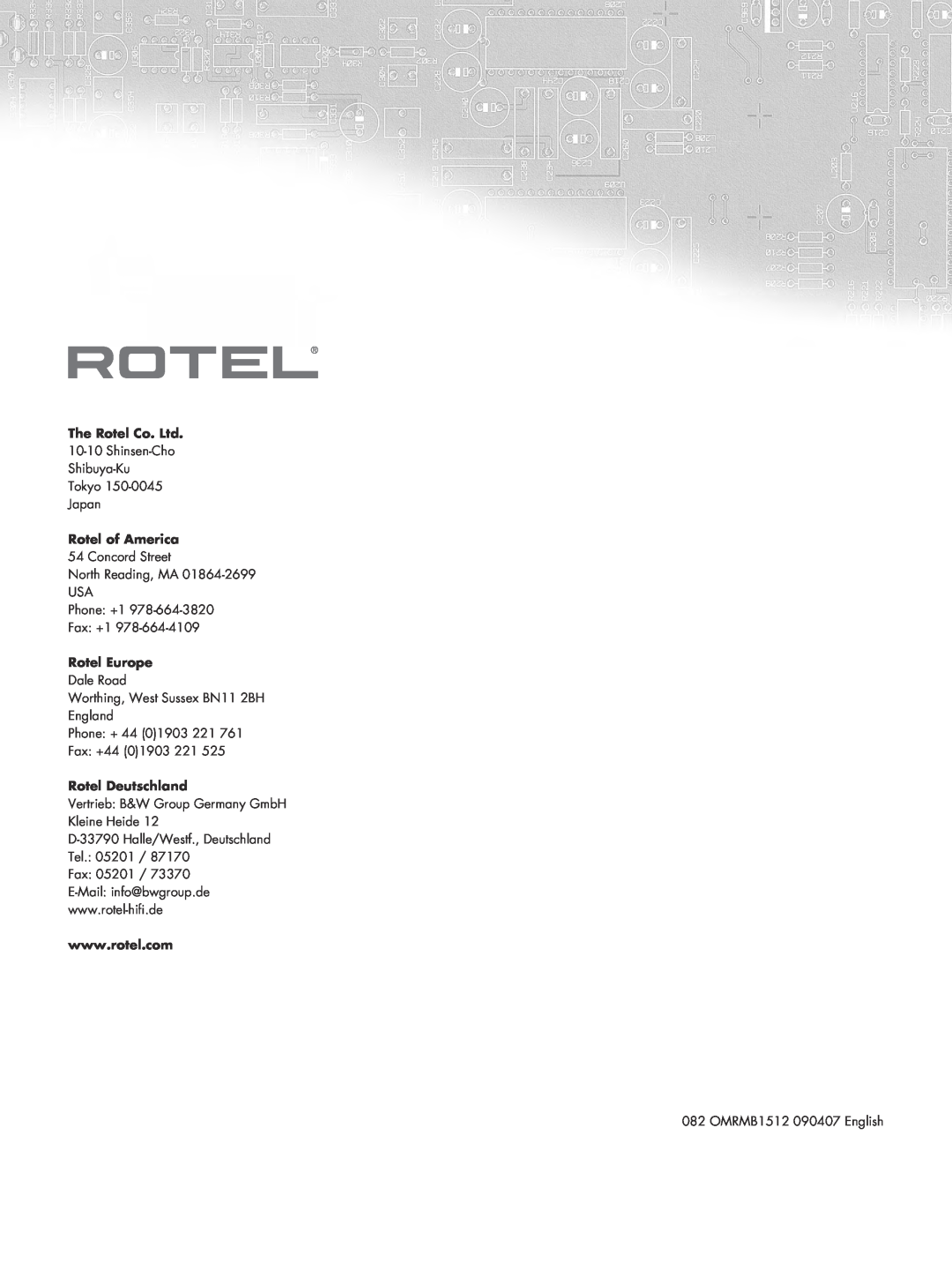 Rotel RC-1580 owner manual Rotel of America, Rotel Europe, Rotel Deutschland 