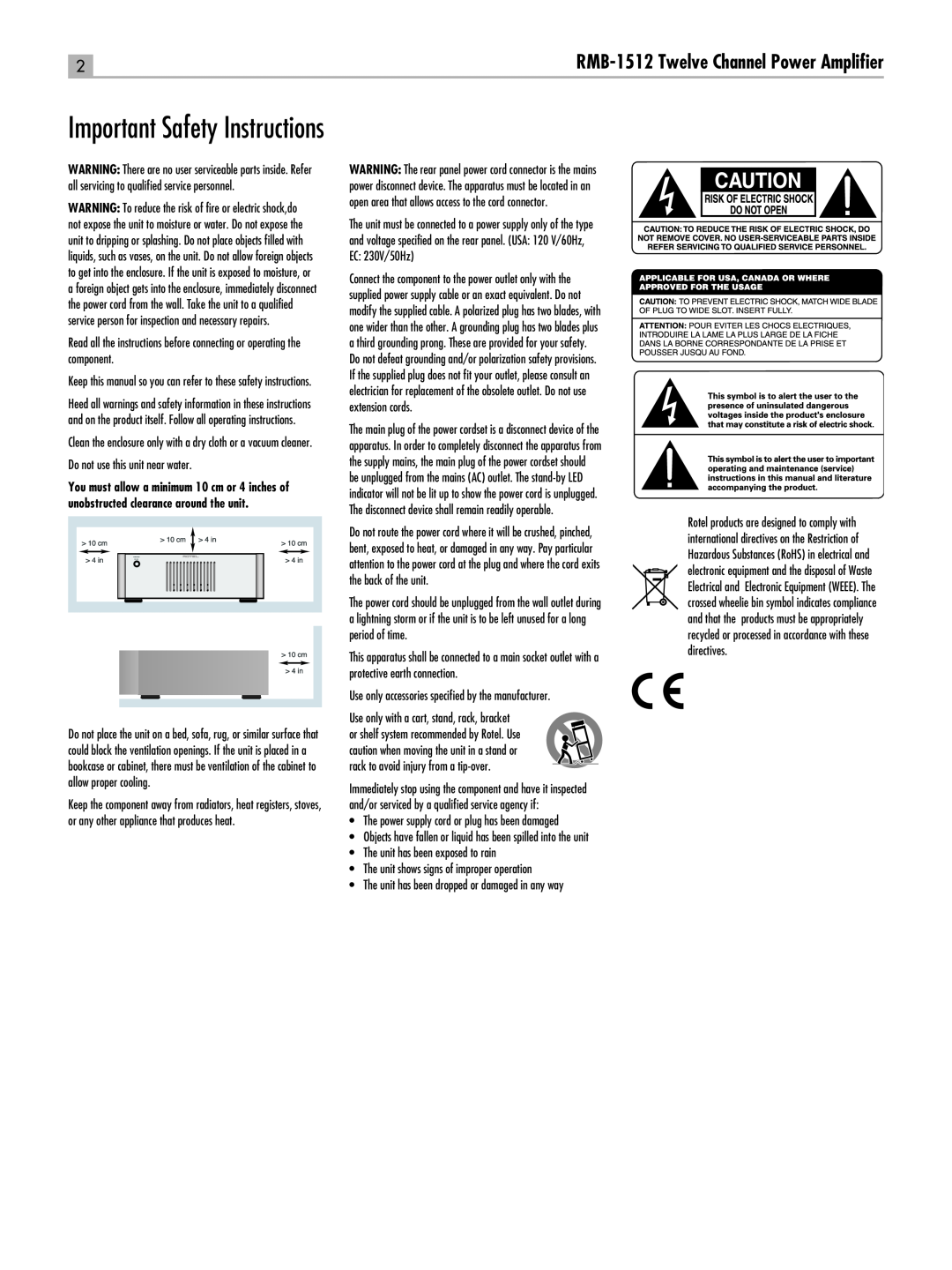 Rotel RC-1580 owner manual Important Safety Instructions, RMB-1512Twelve Channel Power Ampliﬁer 