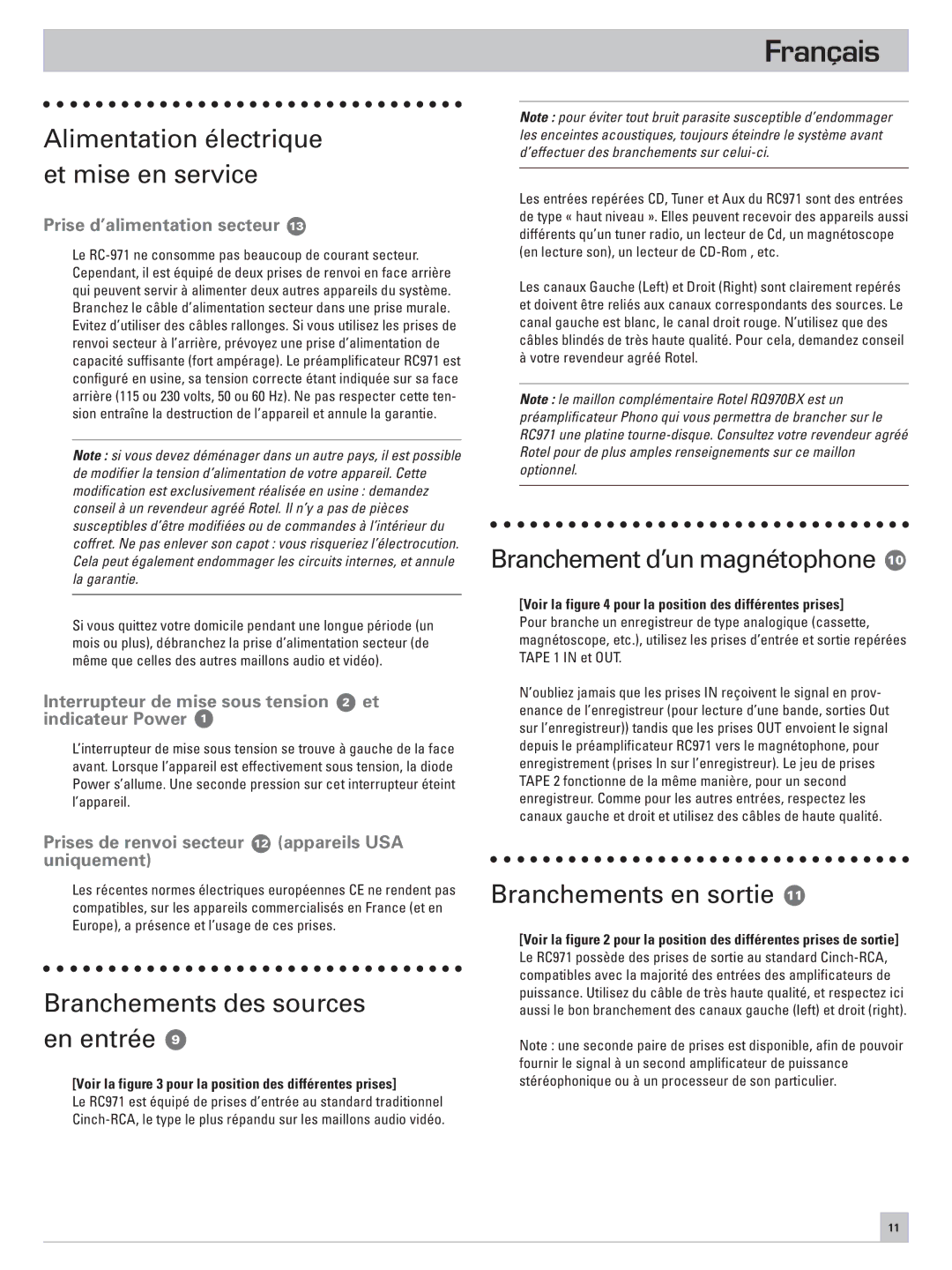 Rotel RC-971 Alimentation électrique et mise en service, Branchement d’un magnétophone, Branchements des sources en entrée 